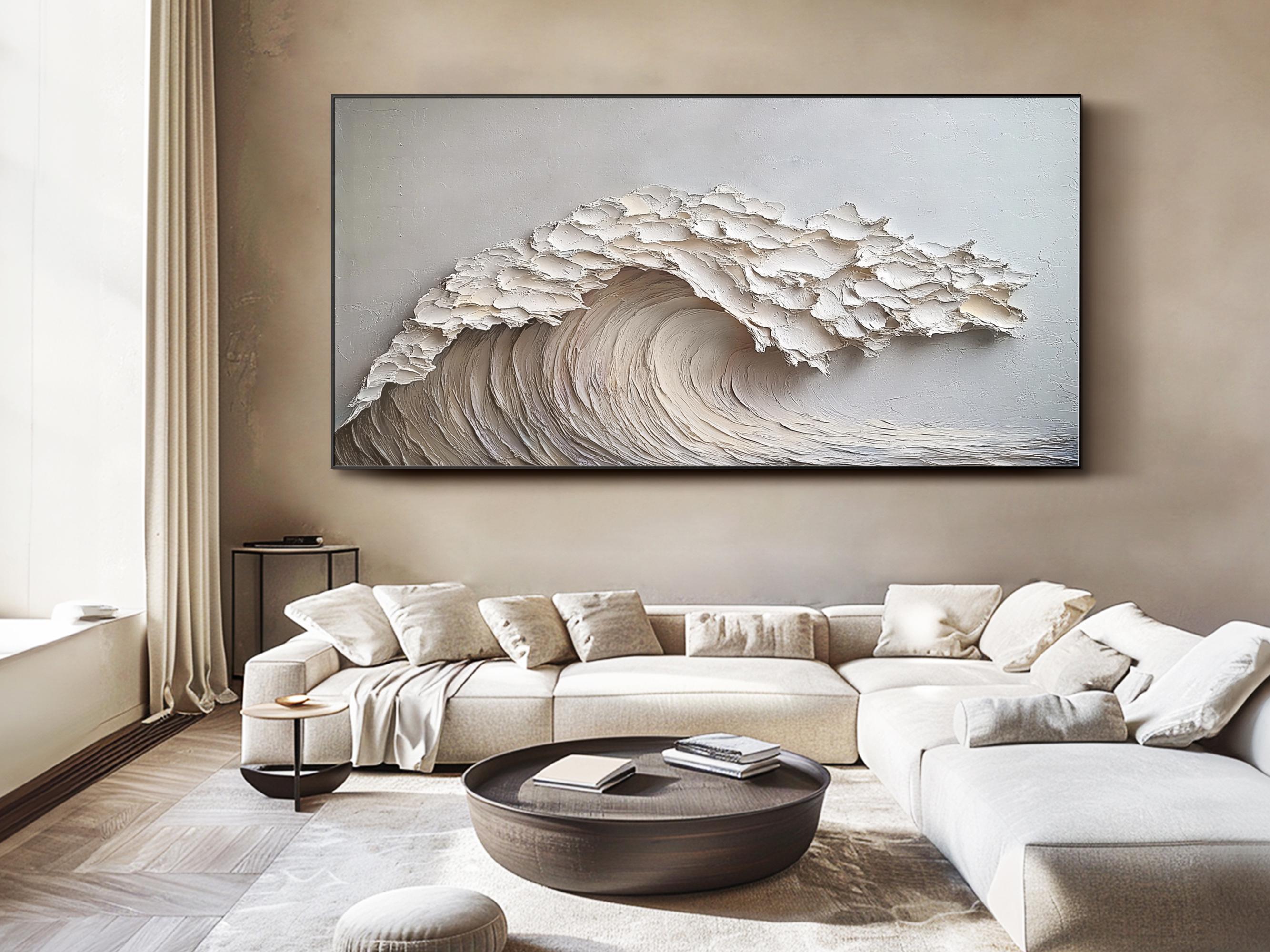 Snow Tide – Hand-Painted Minimalist White Ocean Wave 3D Plaster Relief Texture Painting | Coastal Modern Living Room & Bedroom Art
