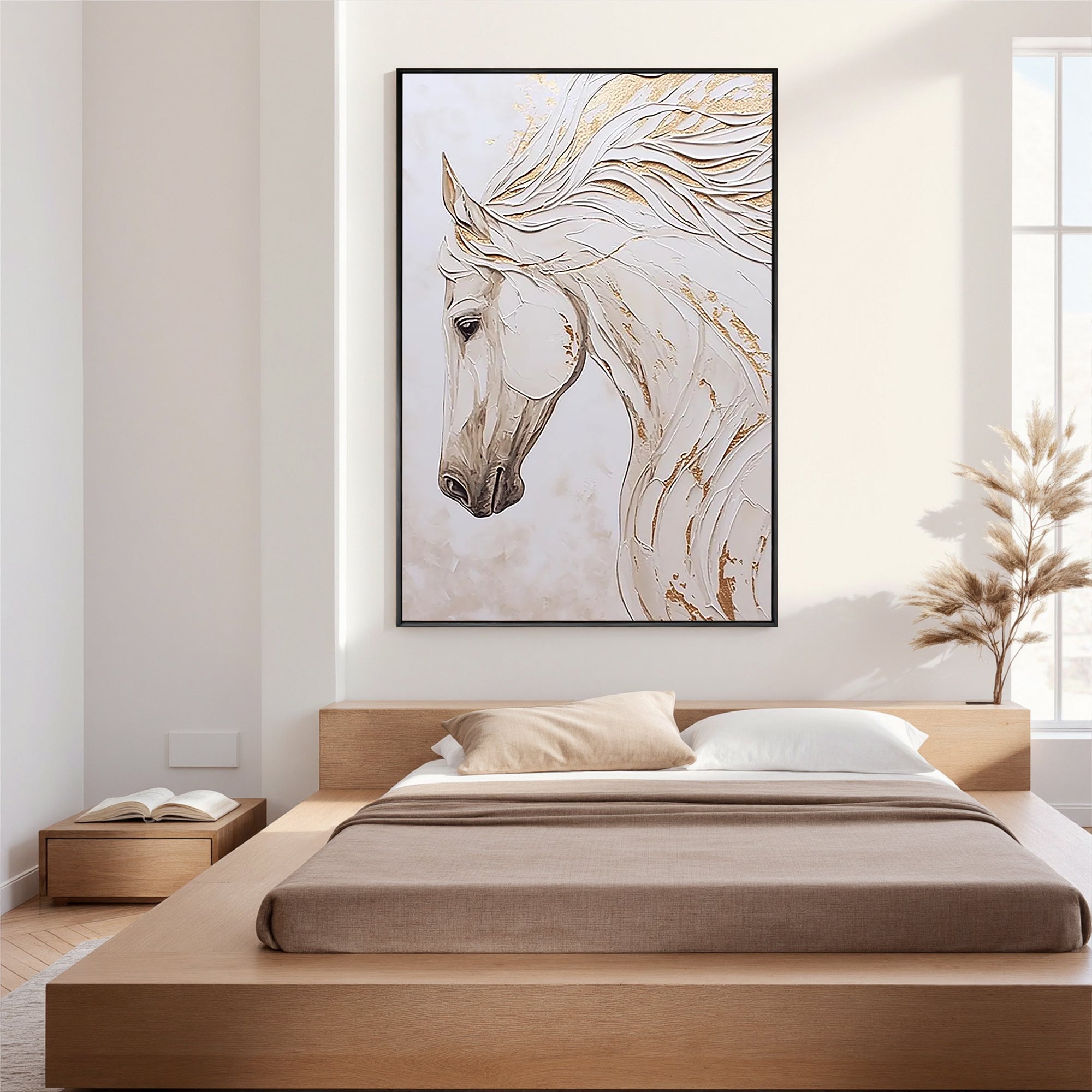 White Elegance – Modern Minimalist White Horse Sculptural Impasto Painting | Luxury Living Room Art