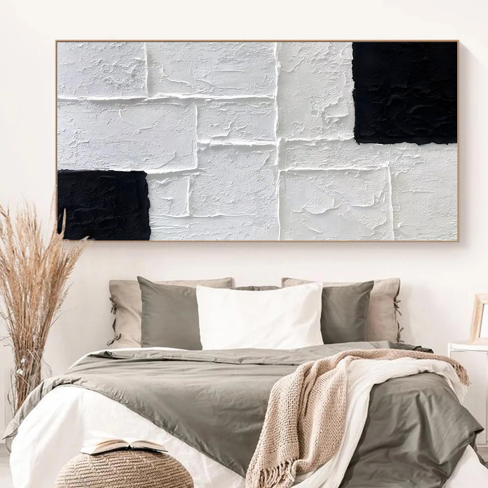 Mono Block – Black and White Geometric Relief Texture Painting | Industrial Abstract Home Office & Living Room Art