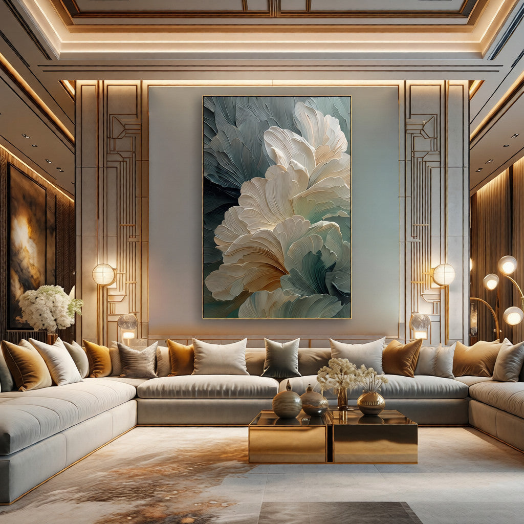 Glacier Bloom – Modern Abstract Morandi Floral Textured Painting | Luxury Impasto Bedroom Art