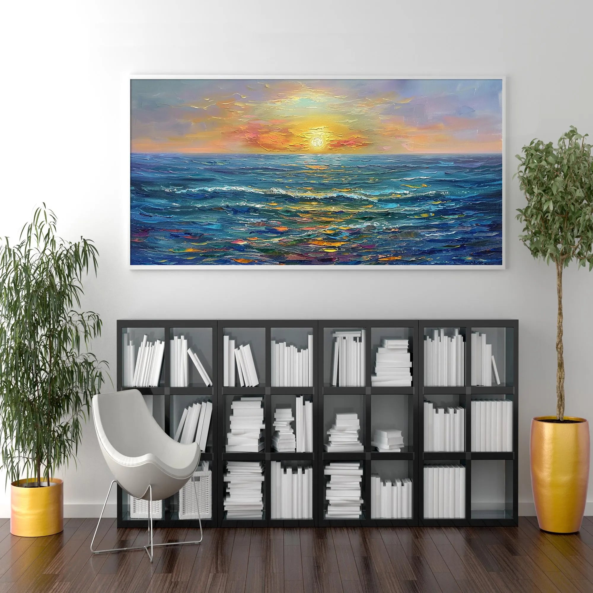 OCEAN REFLECTION: Texture Wall Art, Hand-Painted Horizontal Deep Blue Sea Sunset 3D Heavy Texture Palette Knife Gallery Art