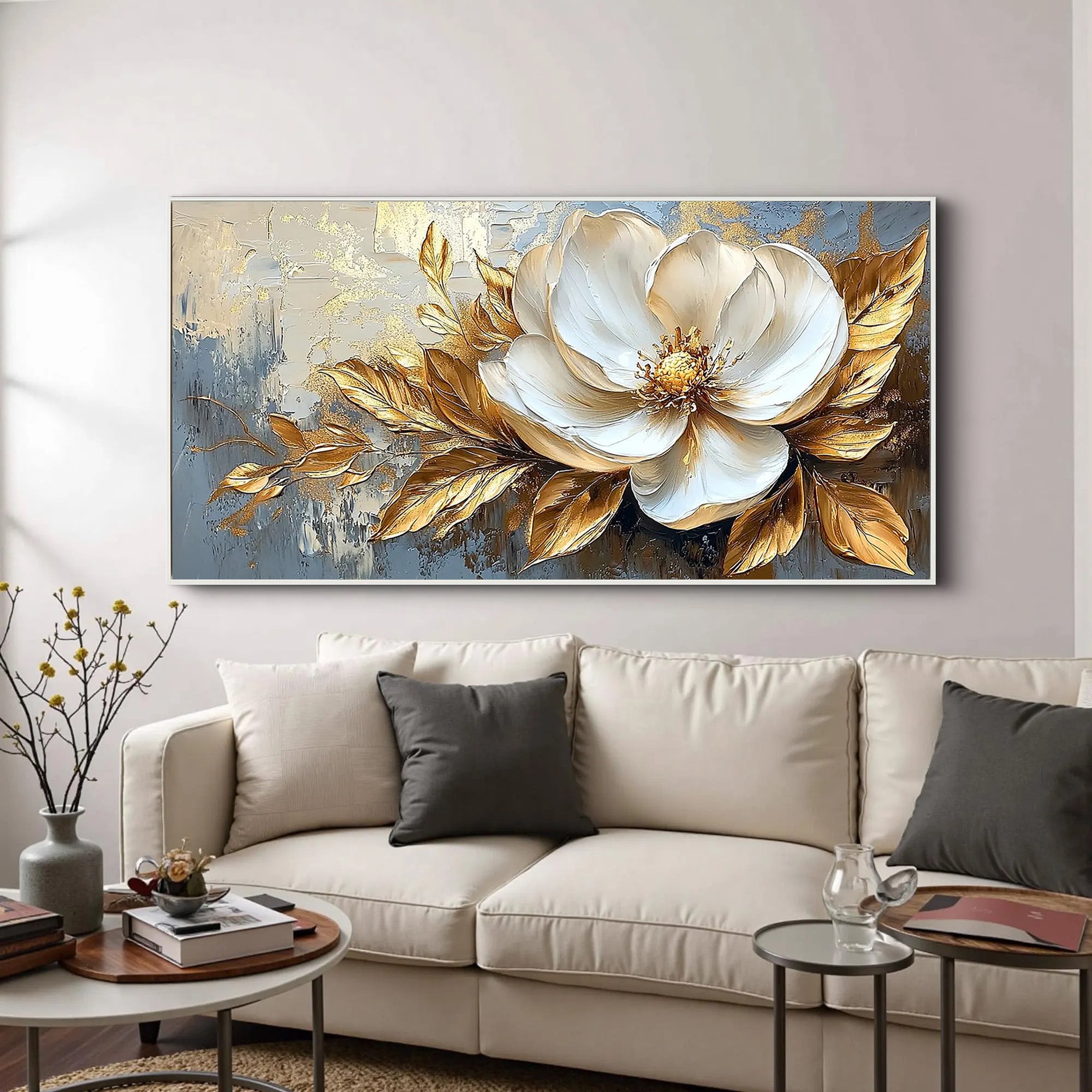 Golden Magnolia – Luxury Gold Leaf 3D Magnolia Hand-Painted Floral Painting | Modern Luxury Botanical Bedroom & Living Room Art