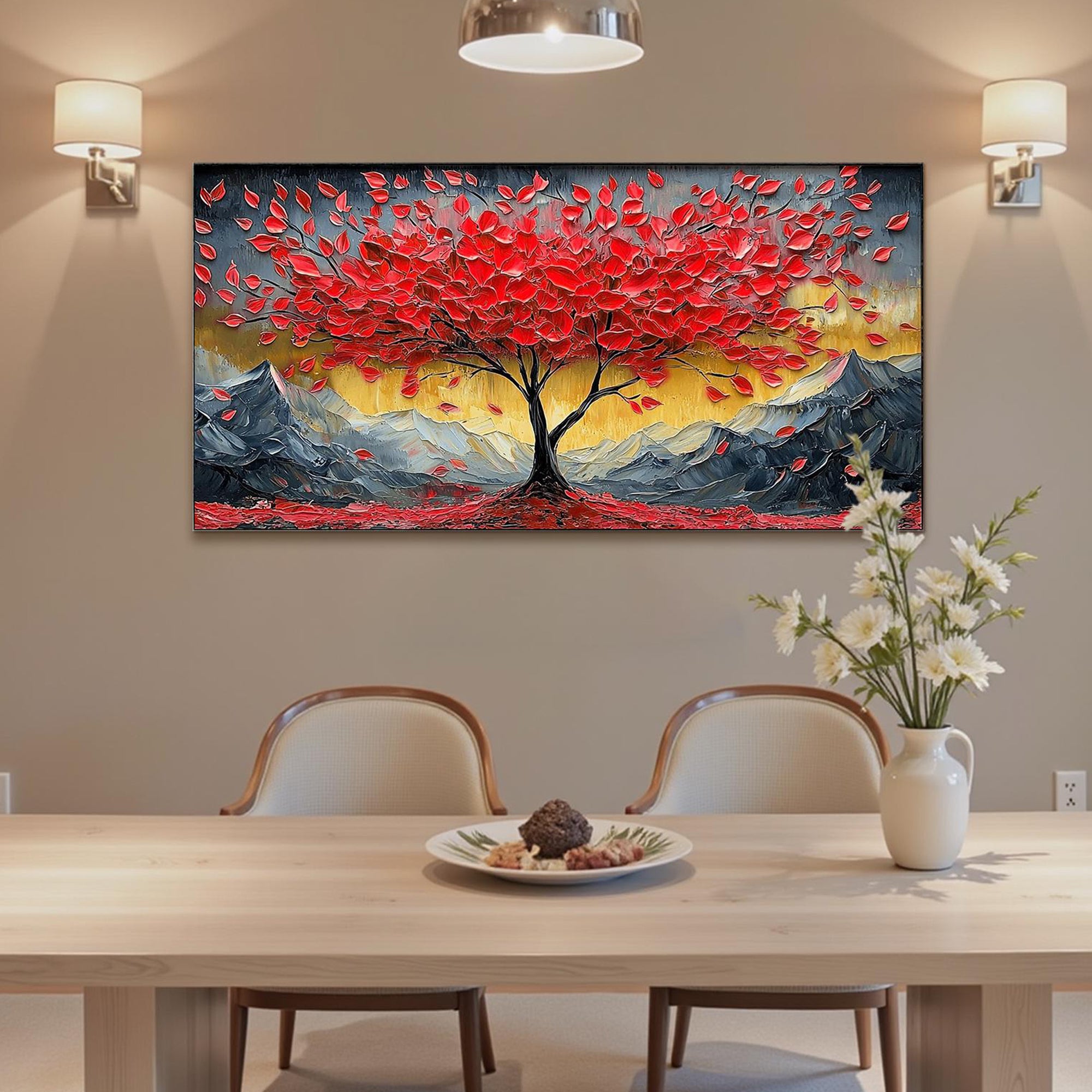 Crimson Peak – Hand-Painted Red Leaf Money Tree Snow Mountain Palette Knife Oil Tree Painting | Contemporary Mountain Living Room & Home Office Art