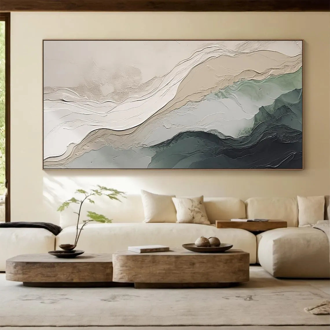 Serene Ridge – Hand-Painted Sage Green and Beige Plaster Effect Relief Landscape Painting | Contemporary Landscape Living Room & Dining Room Art