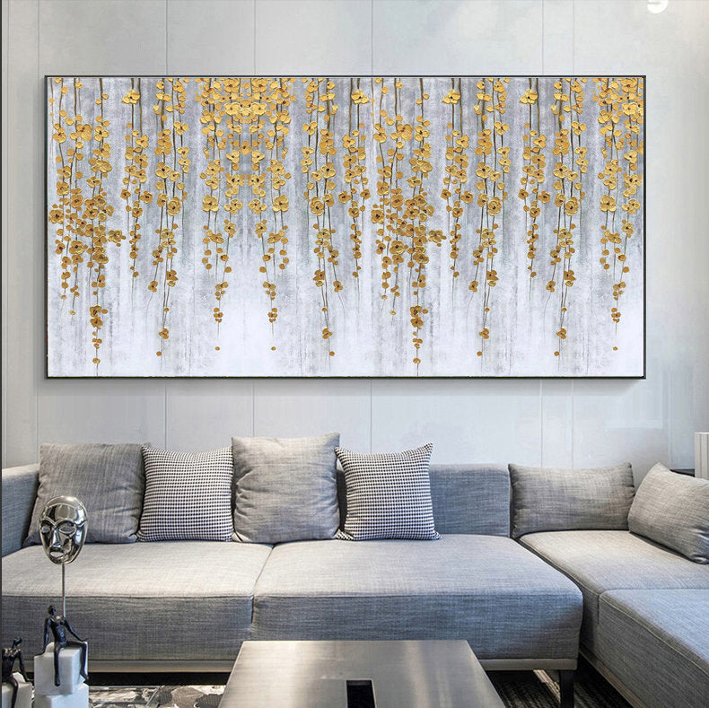 Golden Cascade – Luxury Gold Foil Hanging Vine Style Hand-Painted Floral Painting | Modern Luxury Botanical Bedroom & Living Room Art
