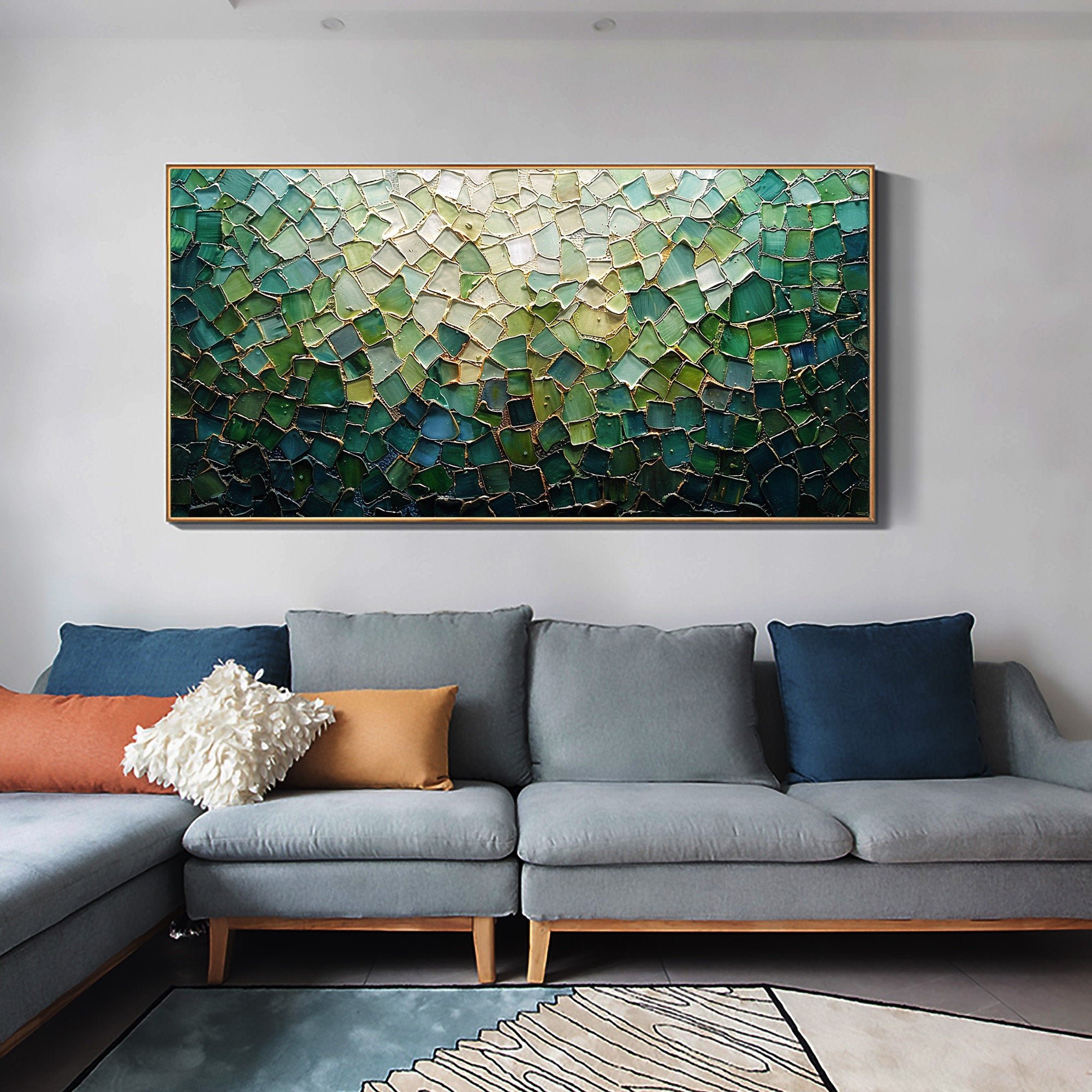 Emerald Mosaic – Hand-Painted Emerald Green and Mint 3D Plaster Relief Texture Painting | Modern Abstract Living Room & Office Art