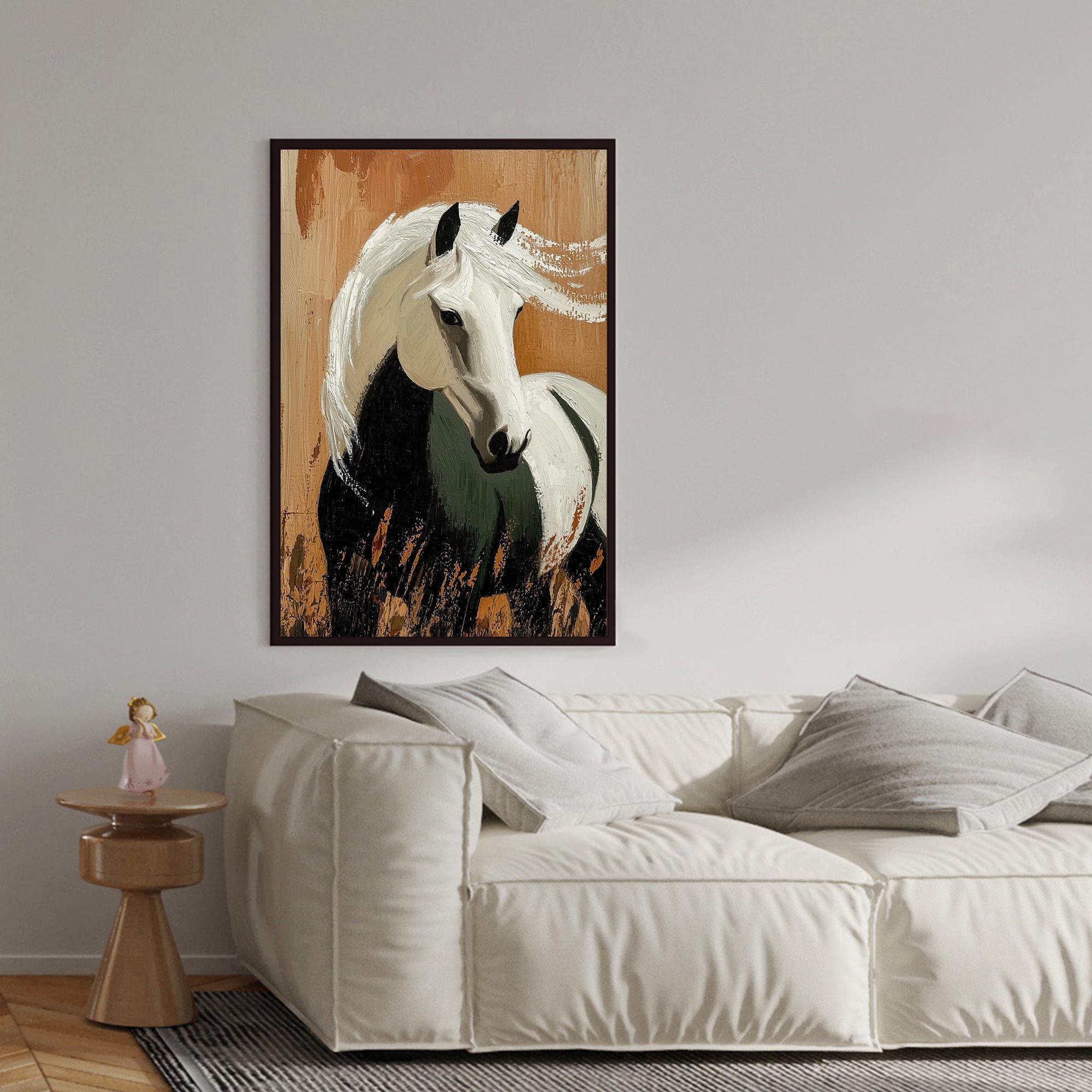 Noble Mane – Textured Black and White Horse Portrait Painting | Modern Minimalist Living Room Art