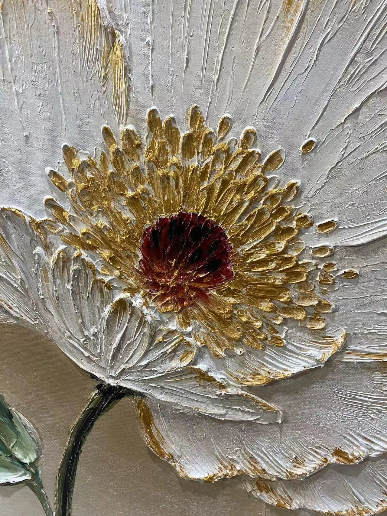Gilded Petals – Hand-Painted White Blossom 3D Relief Heavy Texture Gold Rim Floral Painting | Modern Luxury Botanical Bedroom & Living Room Art