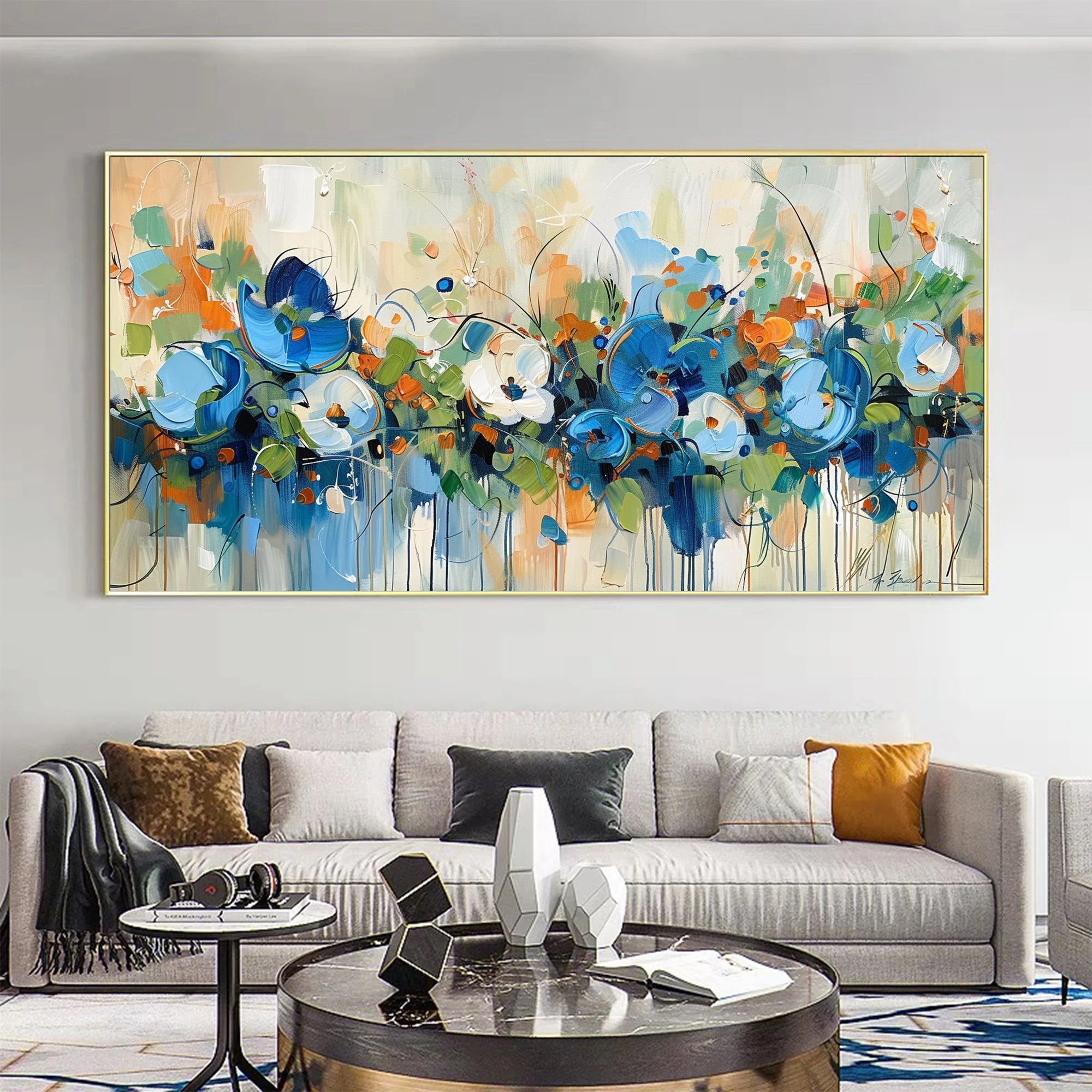 Azure Whisper – Hand-Painted Blue Wildflower Palette Knife Thick Textured Impressionist Oil Floral Painting | Contemporary Botanical Bedroom & Living Room Art