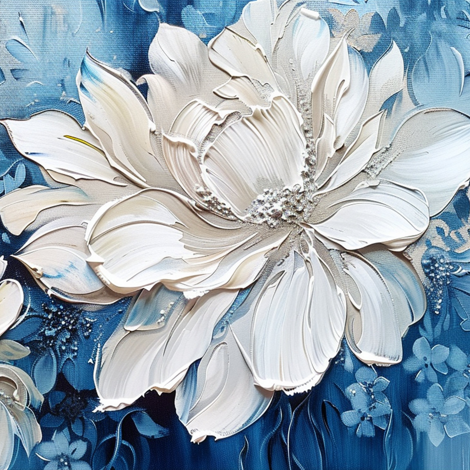 FROZEN PETAL: Panoramic Heavy Impasto White Flower Painting, 3D Textured Floral Art