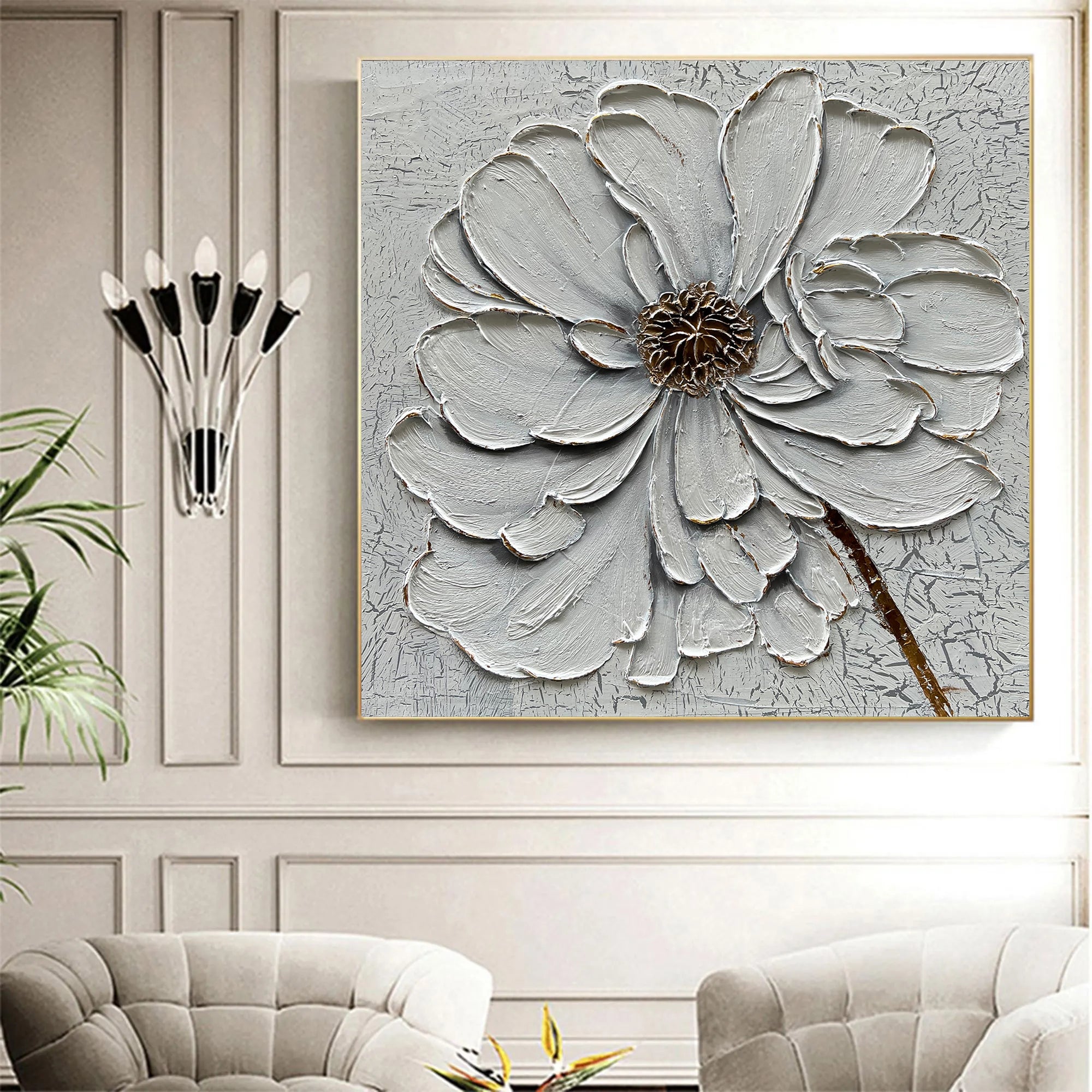 GOSSAMER BLOOM: 3D Heavy Texture Peony Wall Art, White Petal Relief with Gold Accents