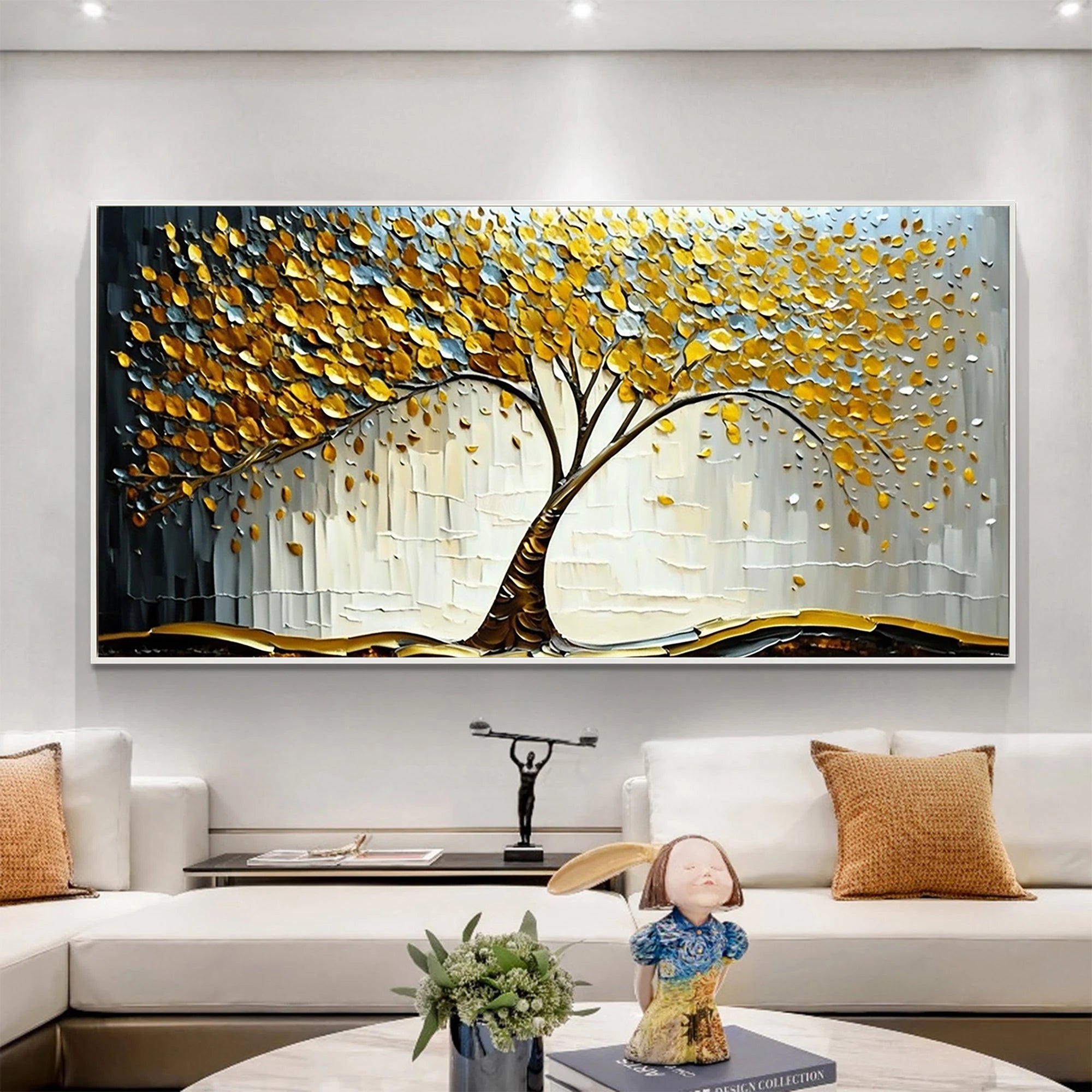 Golden Prosperity – Modern Luxury Oil Painting | Impasto Gold Leaf Tree of Life Living Room Art