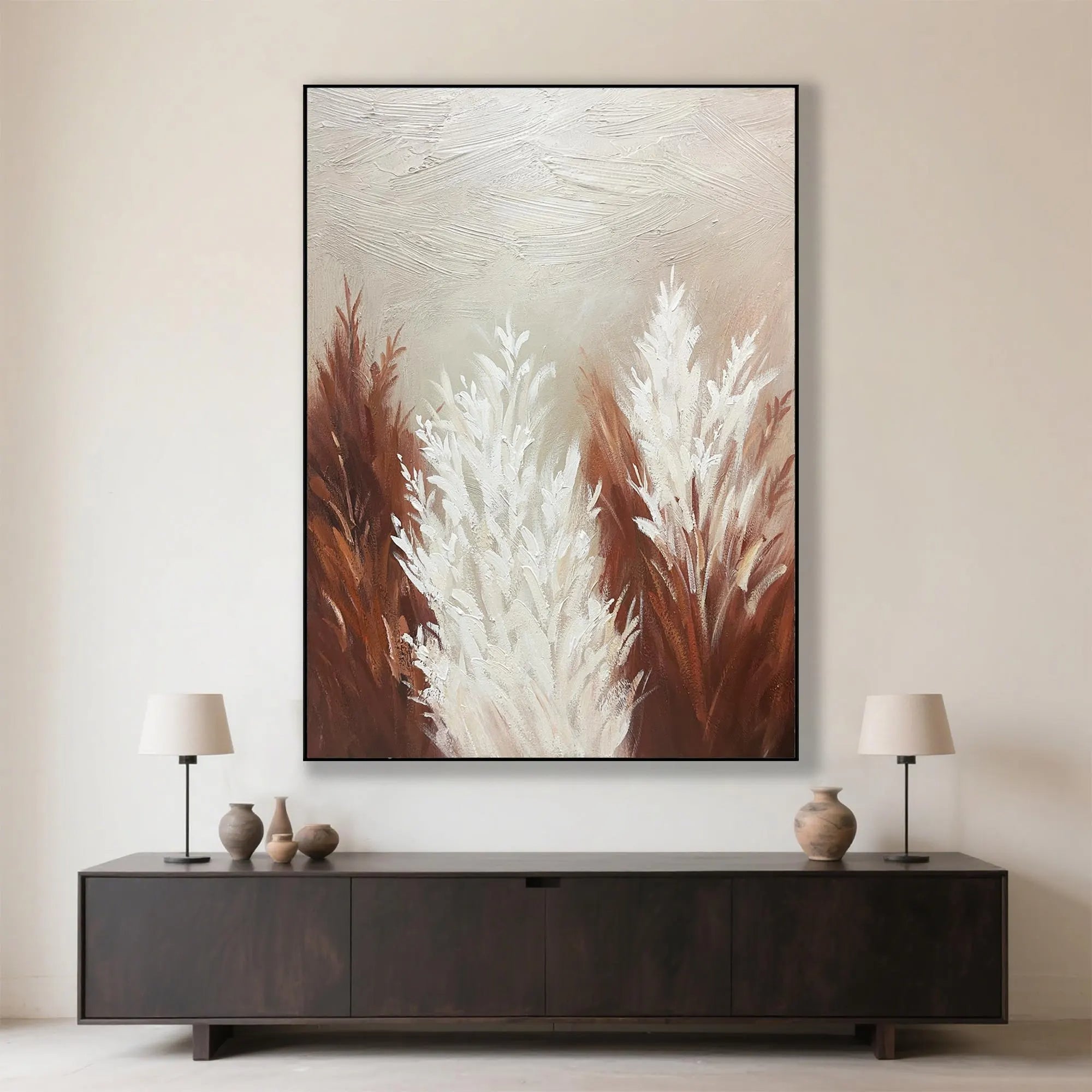 Pampas Whisper – Hand-Painted Minimalist Pampas Grass 3D Plaster Effect Floral Painting | Contemporary Botanical Bedroom & Living Room Art