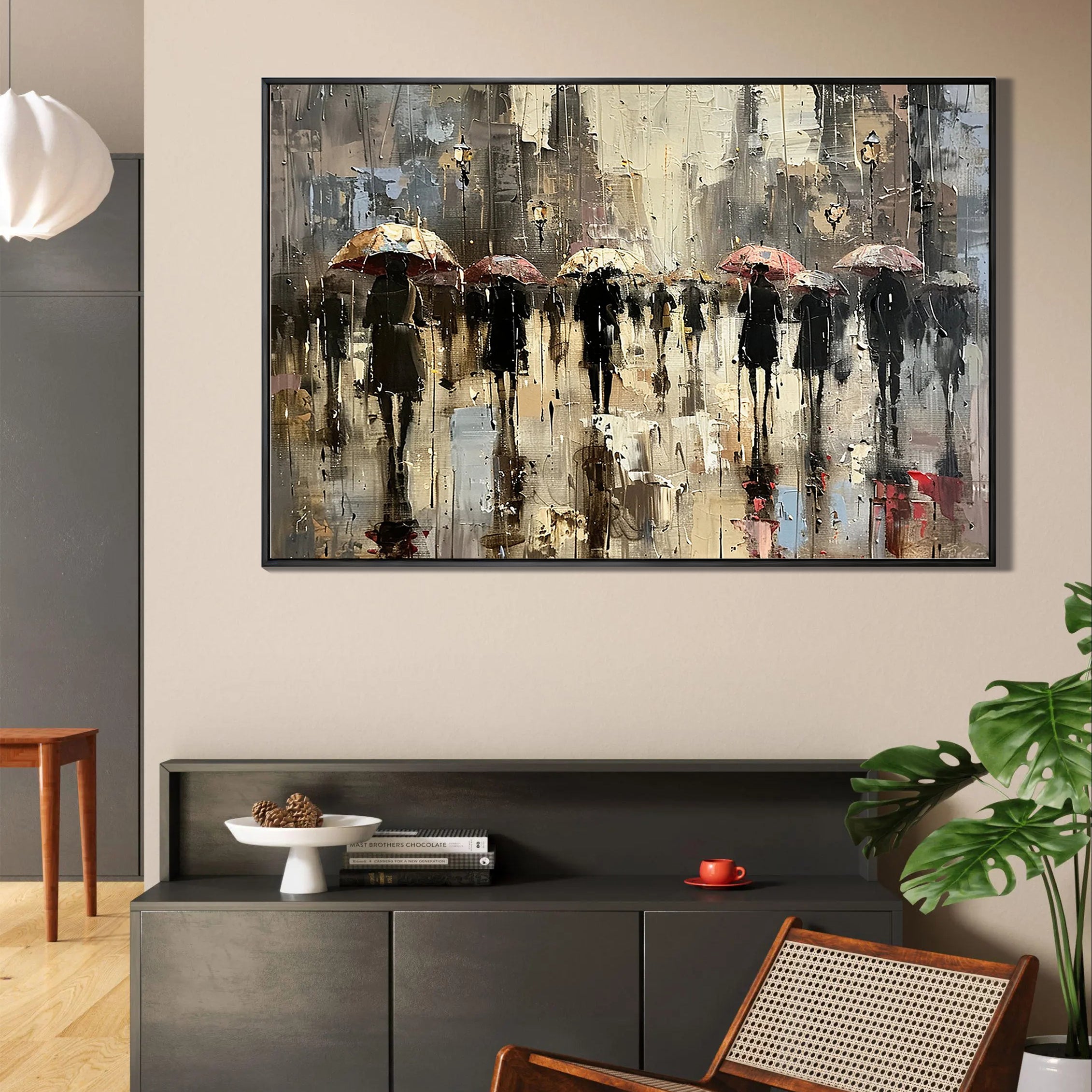 People-portraits #PE 485URBAN DRIZZLE: People Portrait Art, Hand-Painted Rainy Street Cityscape Umbrella Impressionist Textured Oil Painting