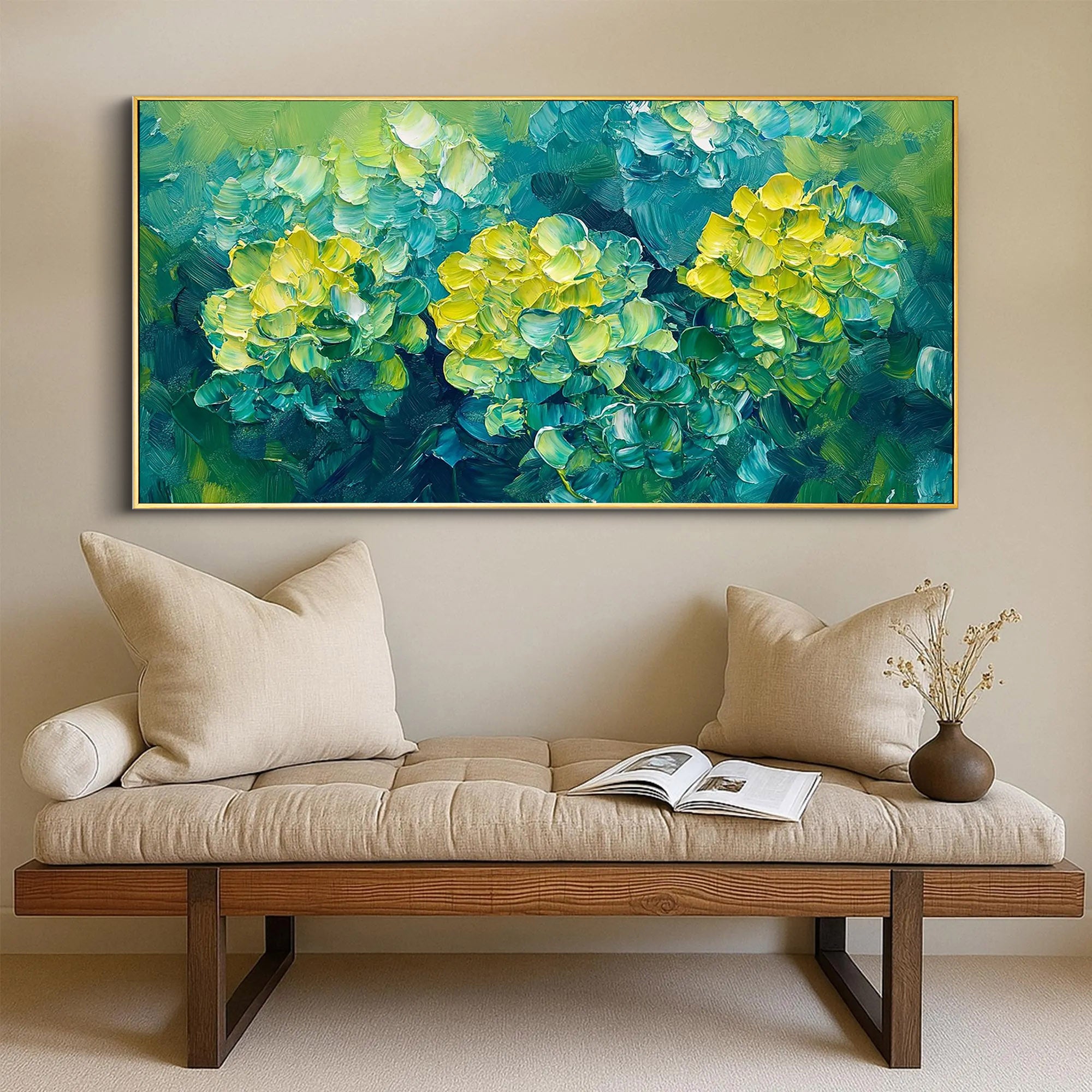 Emerald Bloom – Vibrant Floral Palette Knife Texture Painting | Vibrant Botanical Living Room & Dining Room Art