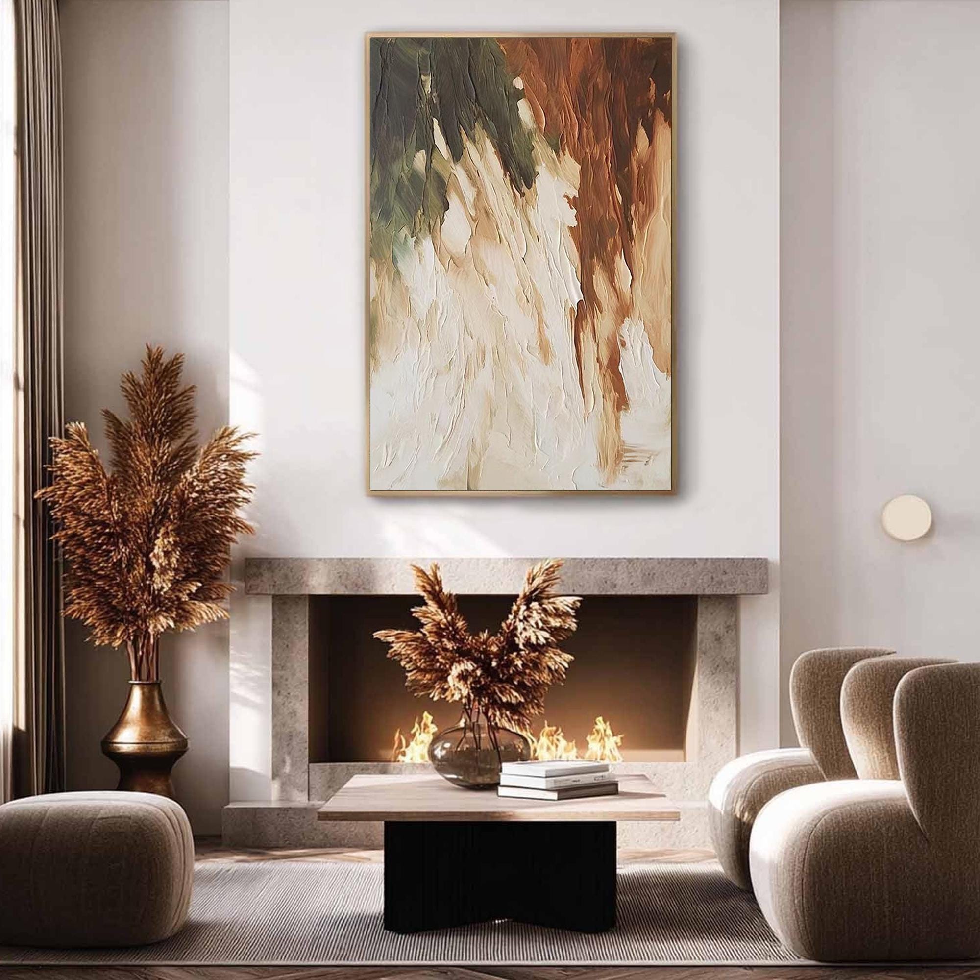 Creamy Cascade – Hand-Painted Minimalist Cream and Tan Diagonal Palette Knife Texture Painting | Modern Minimalist Bedroom & Home Office Art