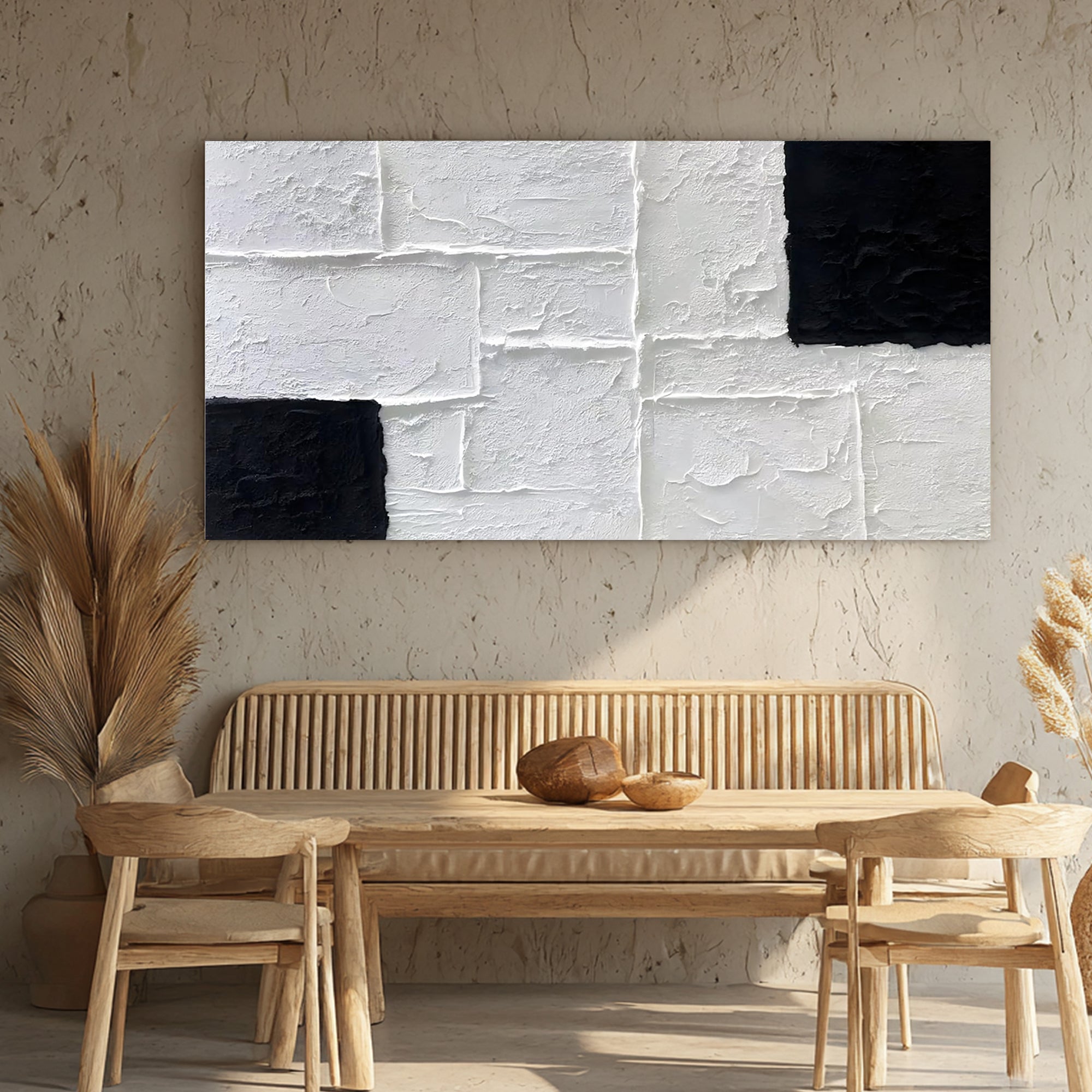 Mono Block – Black and White Geometric Relief Texture Painting | Industrial Abstract Home Office & Living Room Art