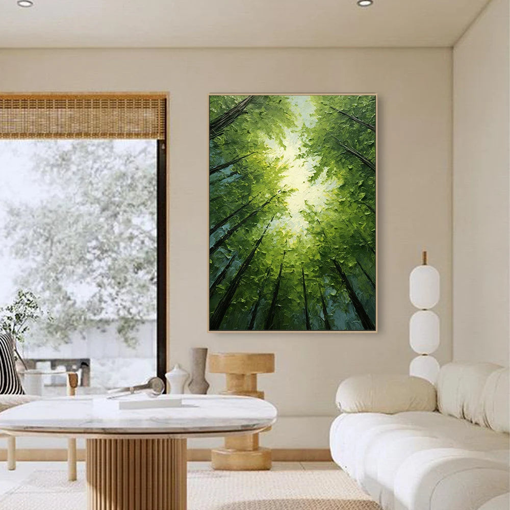 Emerald Canopy – Hand-Painted Worm's-Eye View Green Tree Sunlight Palette Knife Forest Painting | Contemporary Landscape Living Room & Dining Room Art