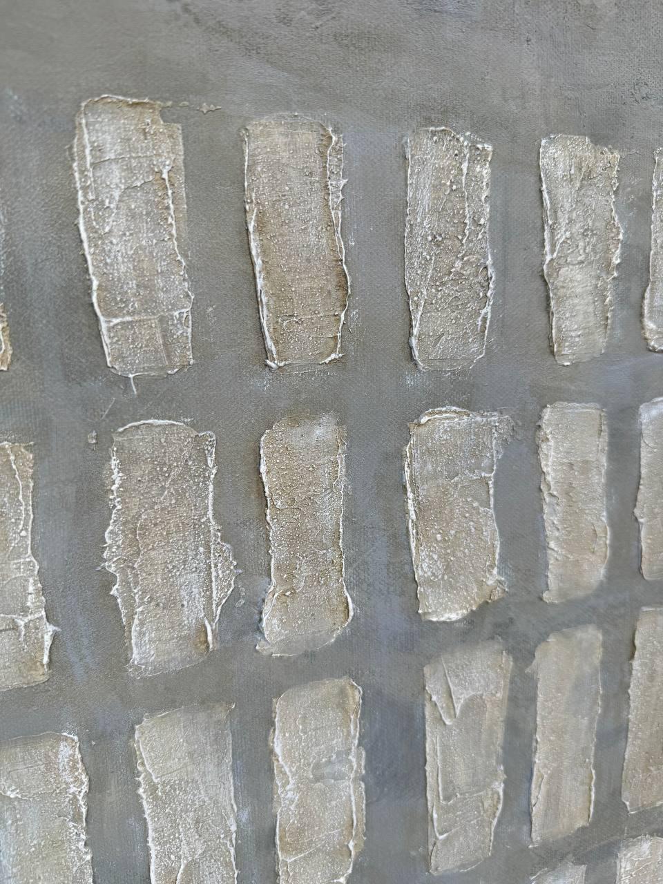 Stone Echo – Wabi-Sabi Slate Grey Minimalist Grid Painting | Modern Geometric Textured Hallway Art
