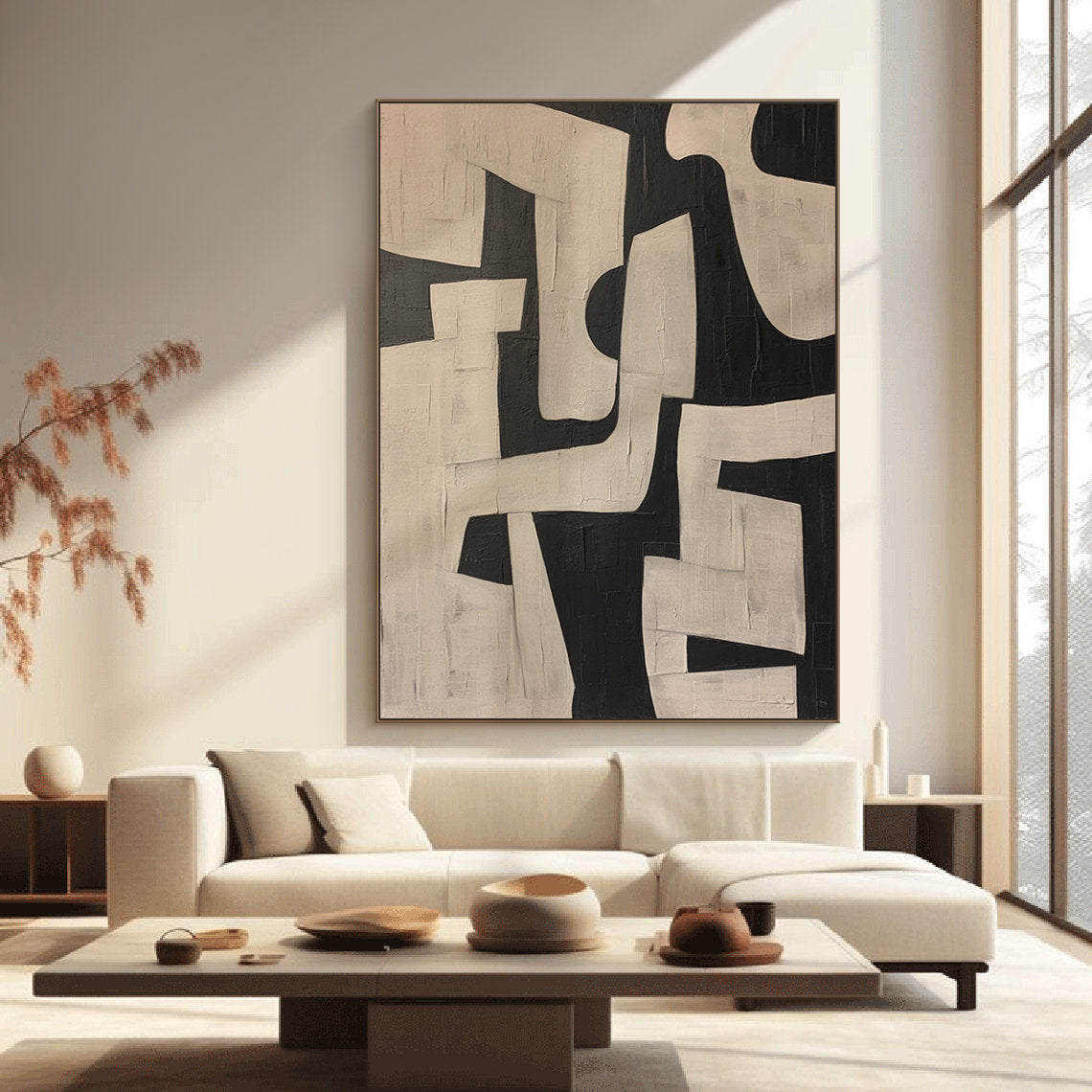 Urban Monolith – Hand-Painted Black and Tan Geometric Shapes Wabi-Sabi Painting | Japandi Wabi-Sabi Living Room & Bedroom Art