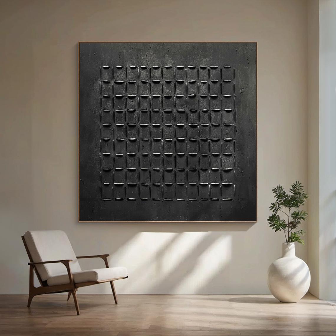 Onyx Grid – Modern Black Plaster Relief Abstract Wabi-Sabi Painting | Japandi Wabi-Sabi Living Room & Bedroom Art