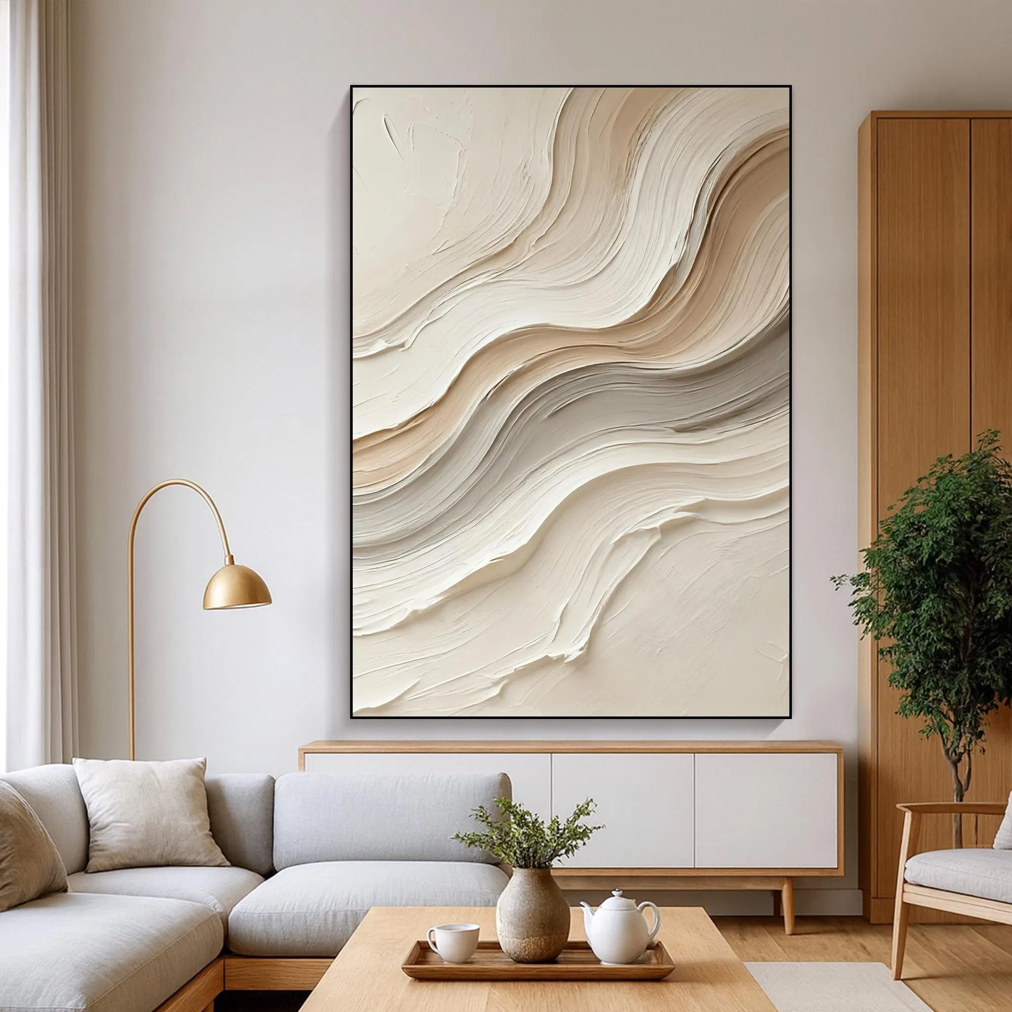 Creamy Ripple – Hand-Painted Minimalist Sand Wave Plaster Effect Relief Wabi-Sabi Painting | Japandi Organic Wabi-Sabi Living Room & Hallway Art