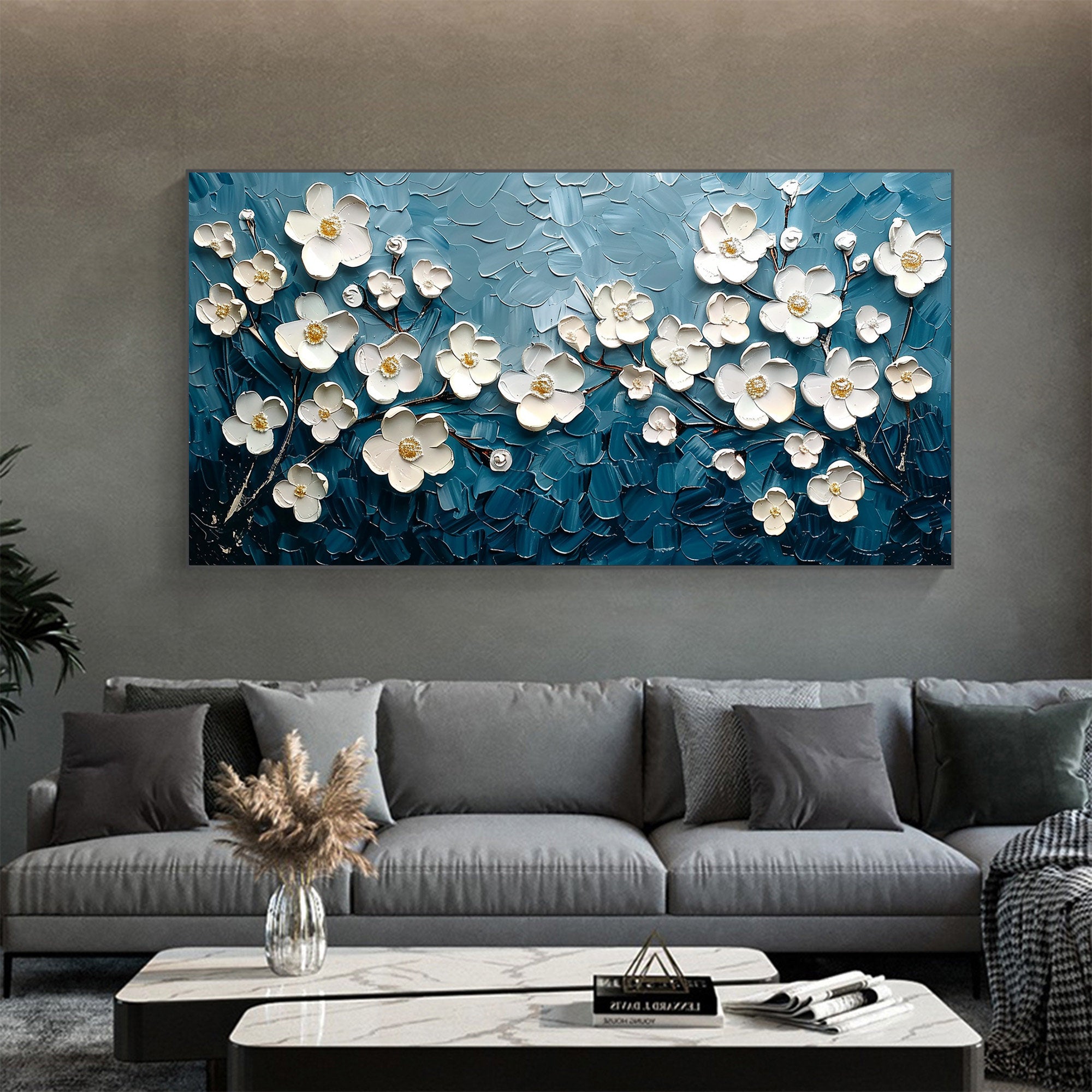 Midnight Blossom – Hand-Painted Prussian Blue and White 3D Relief Plaster Effect Floral Painting | Contemporary Botanical Bedroom & Living Room Art