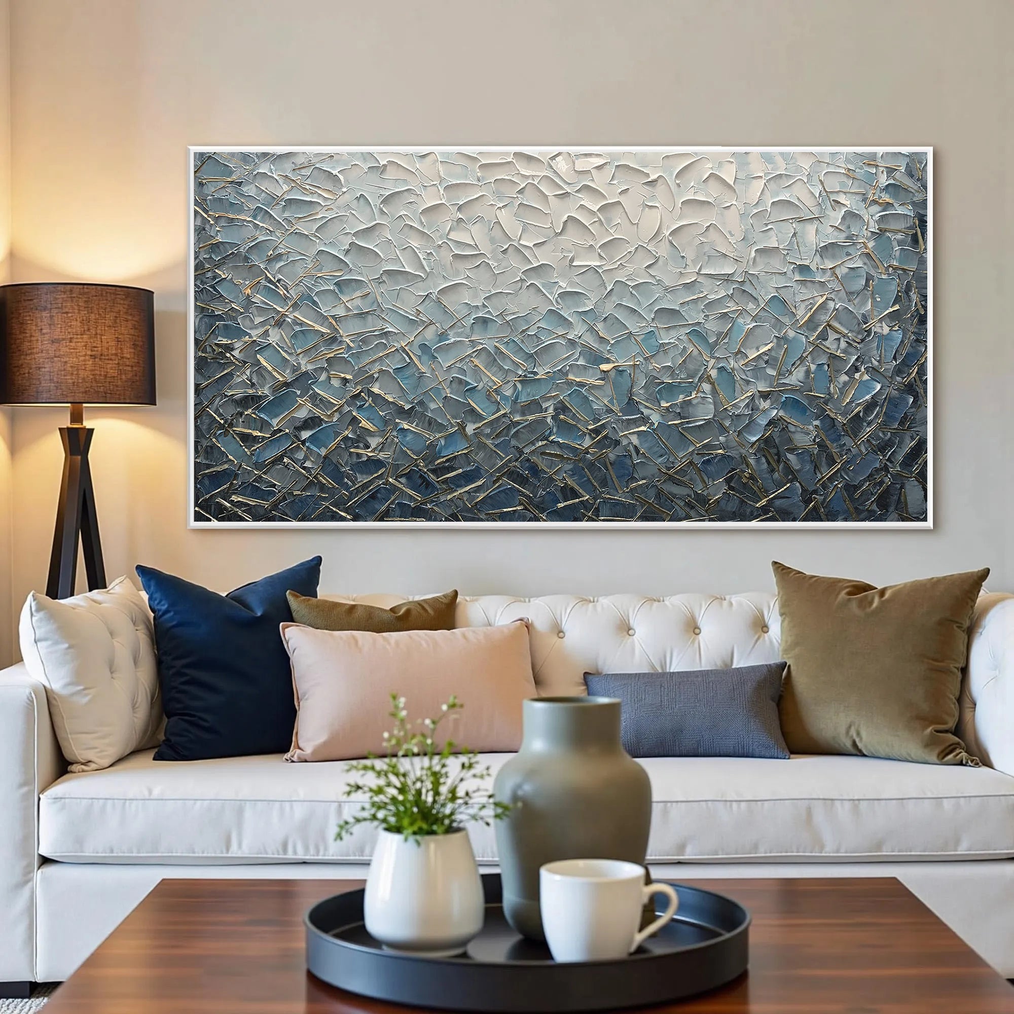 Azure Weave – Modern Blue and Silver Plaster Abstract Painting | Modern Abstract Living Room & Office Art