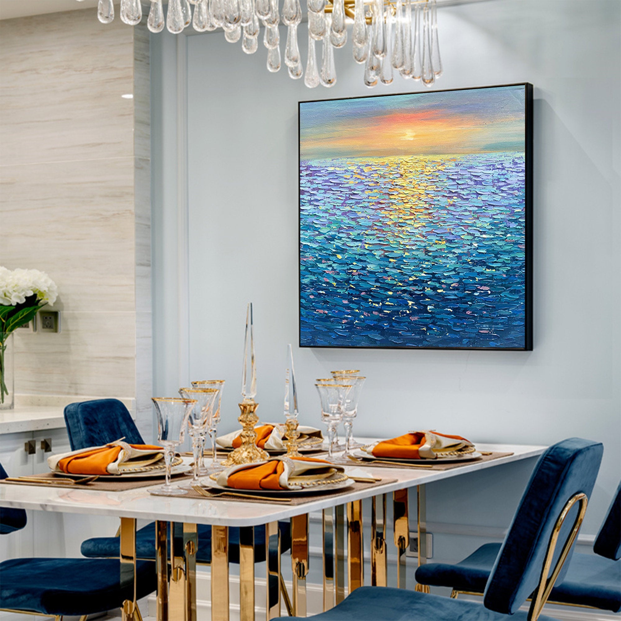 OCEAN GLOW: Square 3D Heavy Texture Seascape Wall Art, Modern Sunset Reflection Impasto