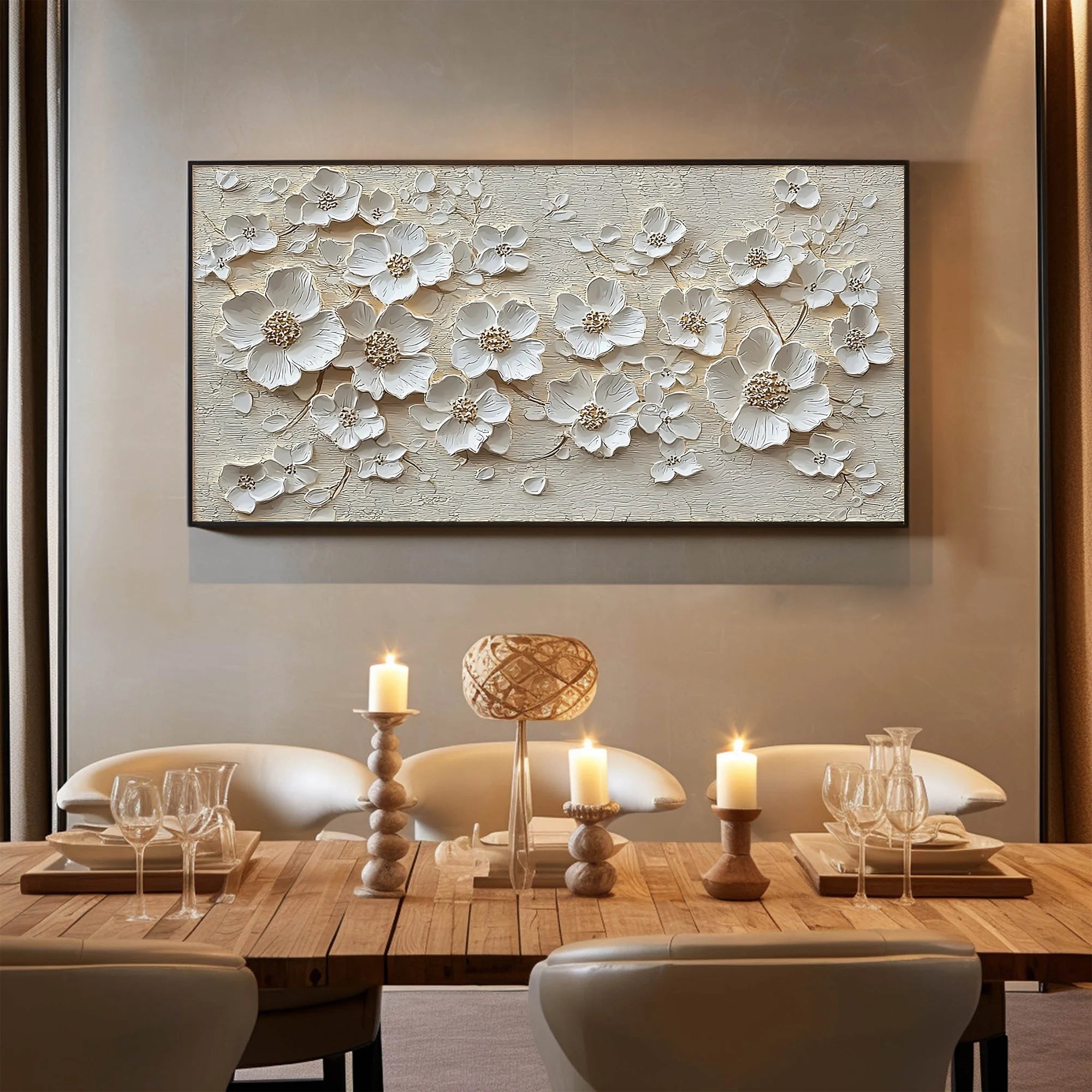 White Harmony – Hand-Painted 3D Impasto White Blossom Floral Painting | Contemporary Botanical Bedroom & Living Room Art