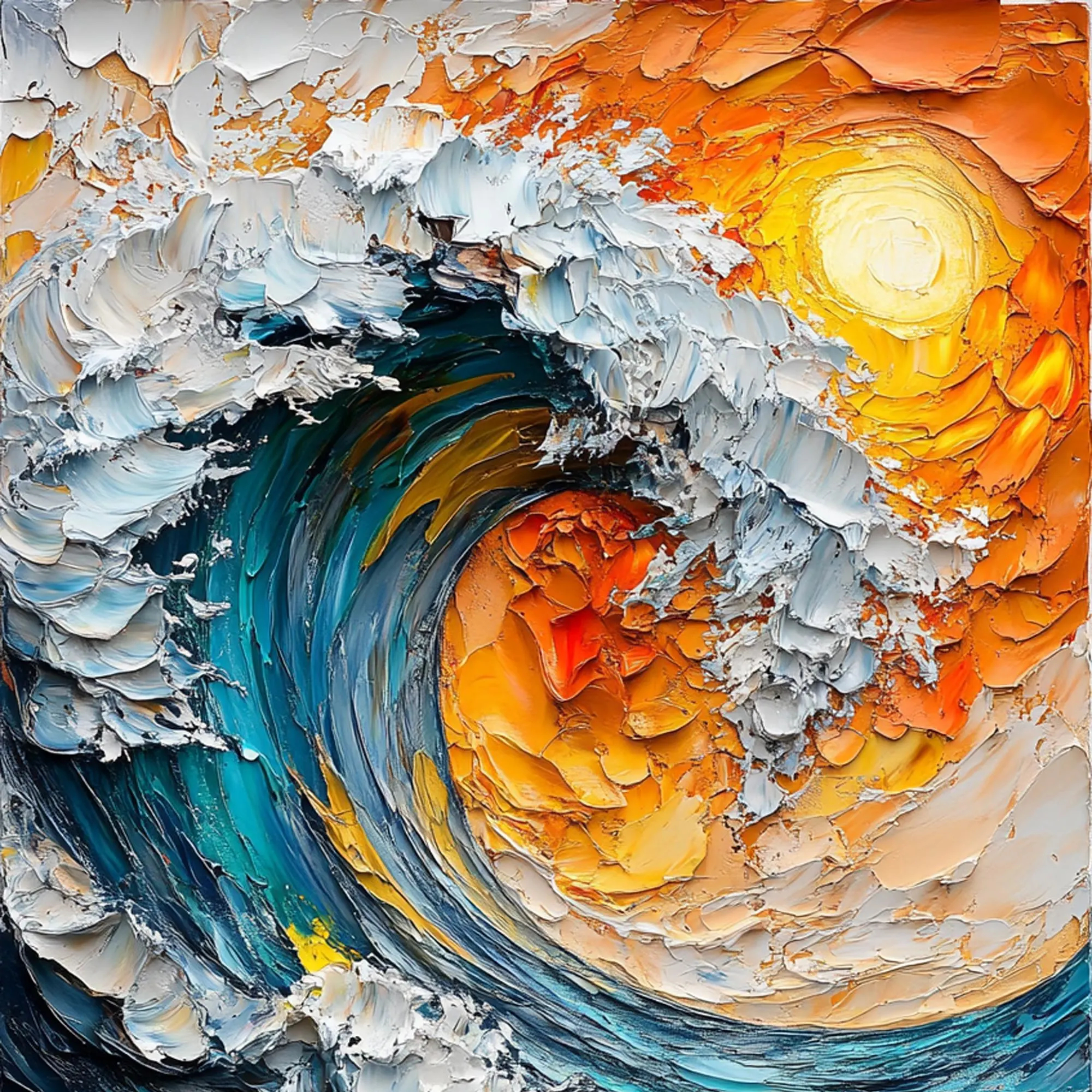 Solar Wave – Hand-Painted Sunset Orange and Teal Blue 3D Palette Knife Nature Painting | Modern Abstract Living Room & Office Art