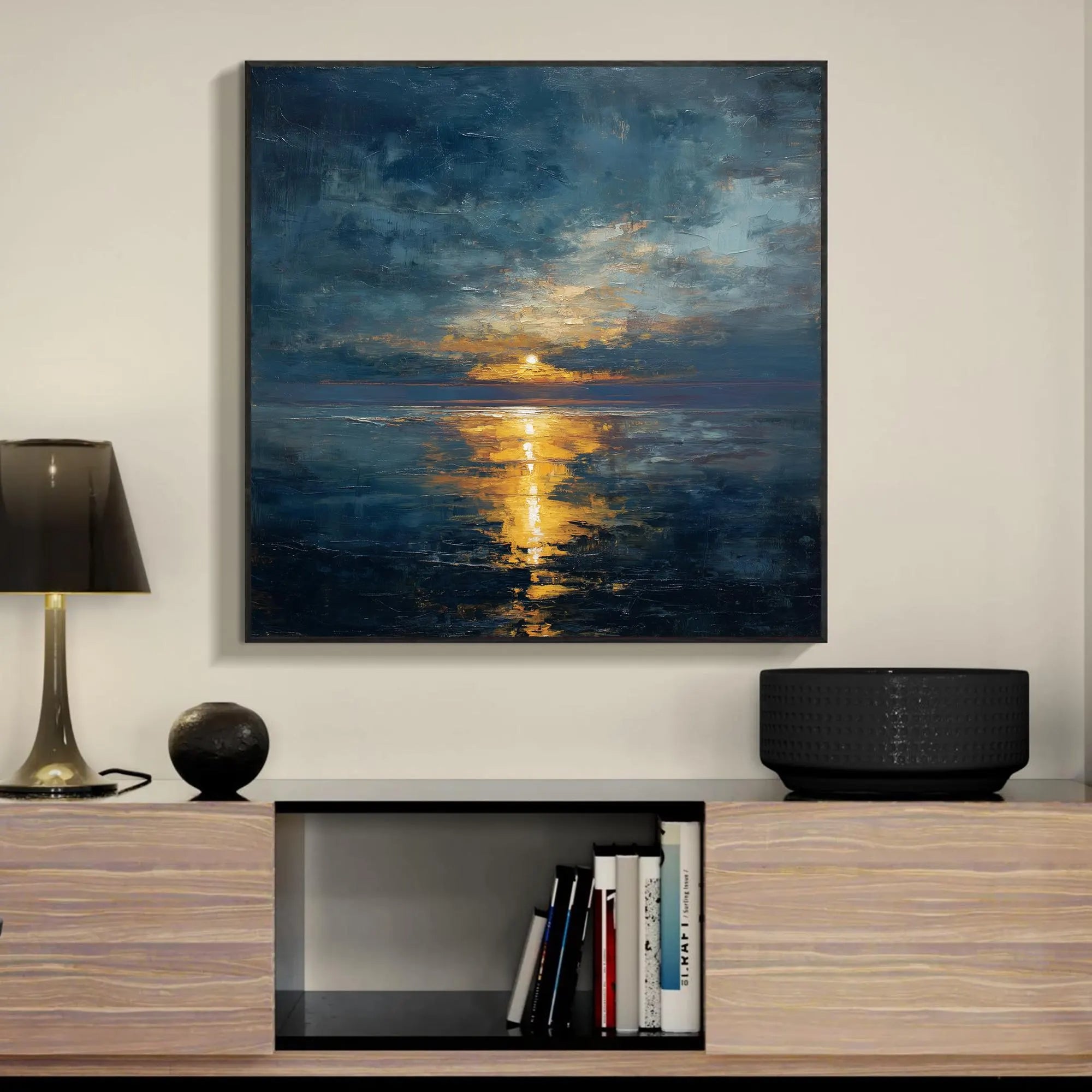 Eternal Shore – Moody Cloud & Golden Sun Impasto Texture Painting | Modern Luxury Metallic Living Room & Hotel Art