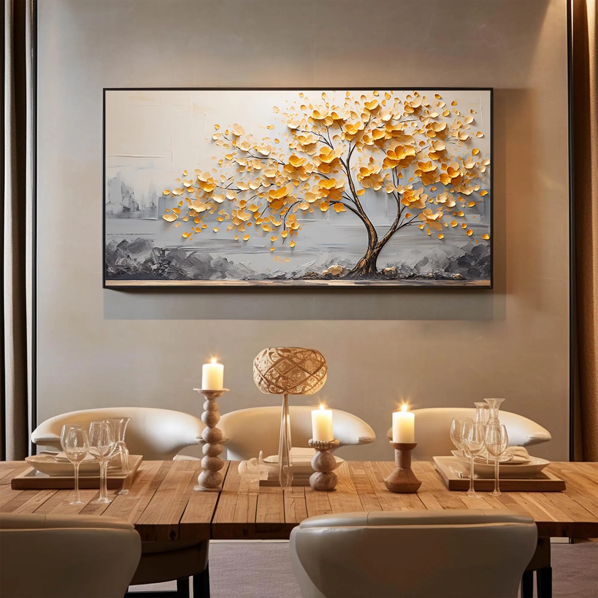 Golden Harvest – 3D Heavy Texture Yellow Flower Hand-Painted Landscape Oil Tree Painting | Modern Luxury Botanical Bedroom & Living Room Art
