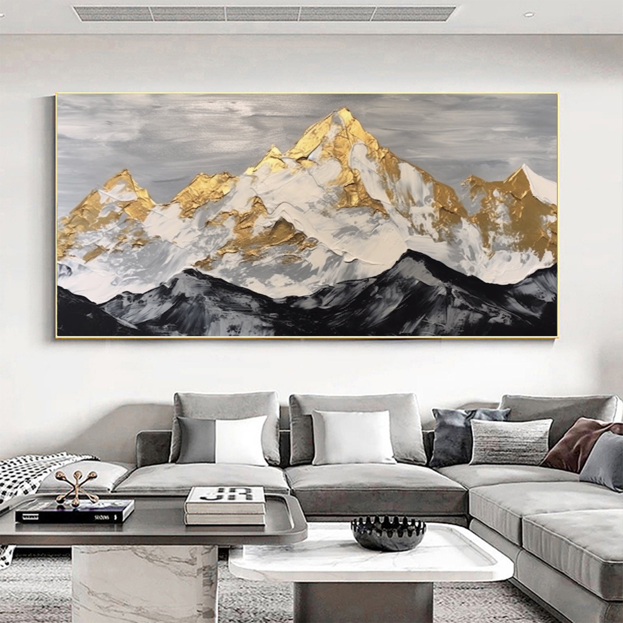 GOLDEN PEAK: Mountain Wall Art, 3D Heavy Texture Gold Leaf Snow Mountain Hand-Painted Oil Painting