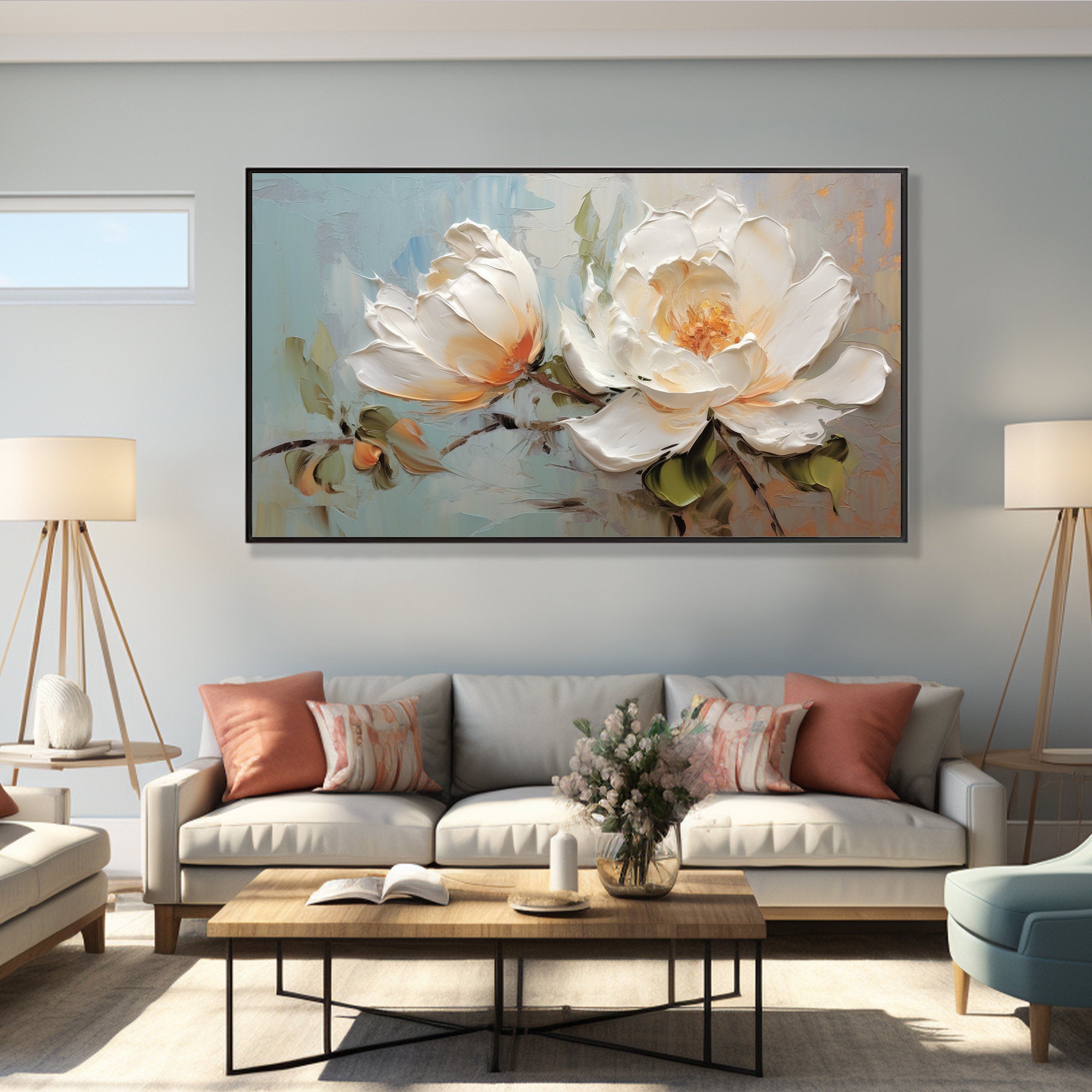 Magnolia Calm – Modern French Luxury Magnolia Floral Textured Painting | Large Horizontal Bedroom Art