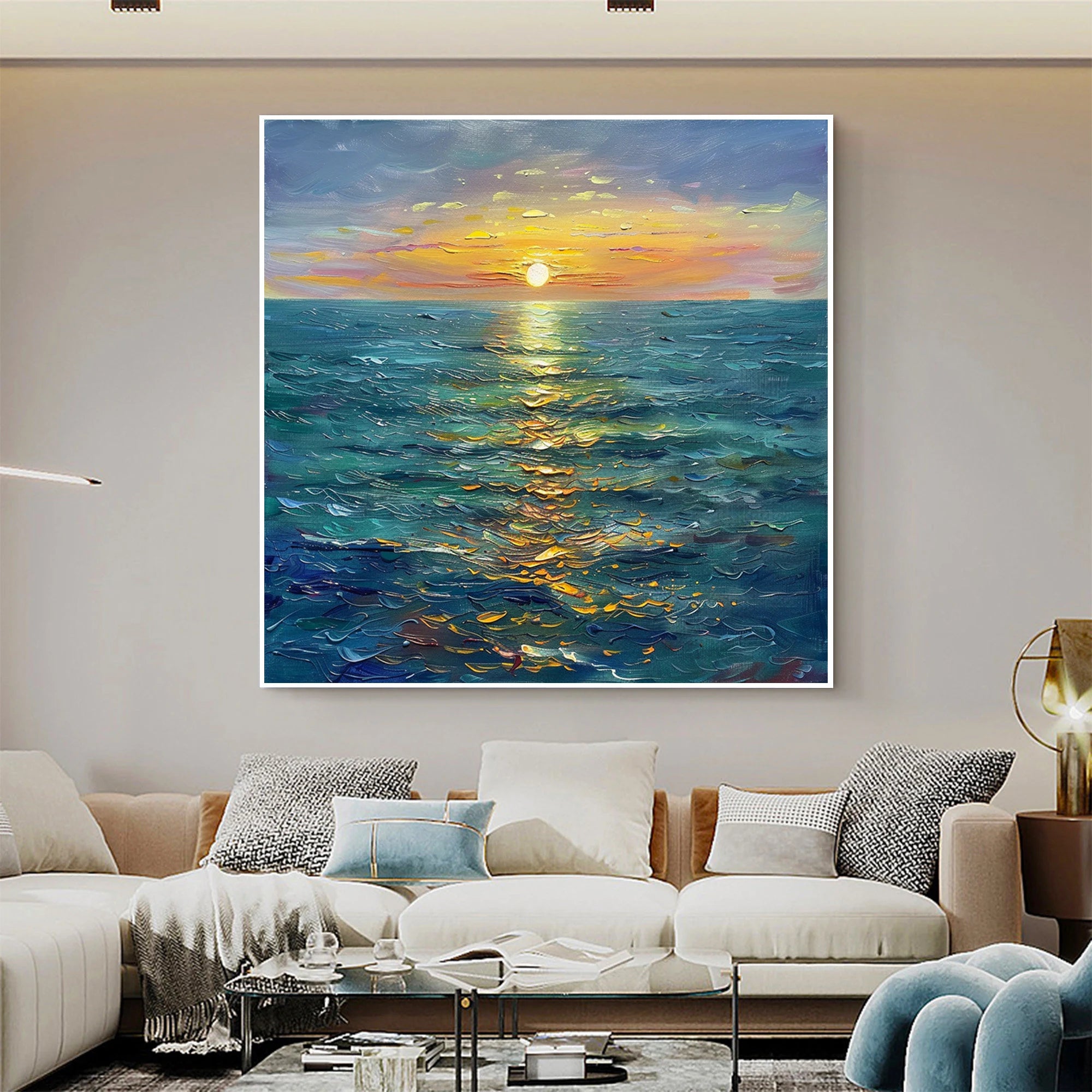GOLDEN TIDE: Landscape Art, Hand-Painted Sunset Ocean with Glistening Gold Impasto 3D Heavy Texture Studio Art
