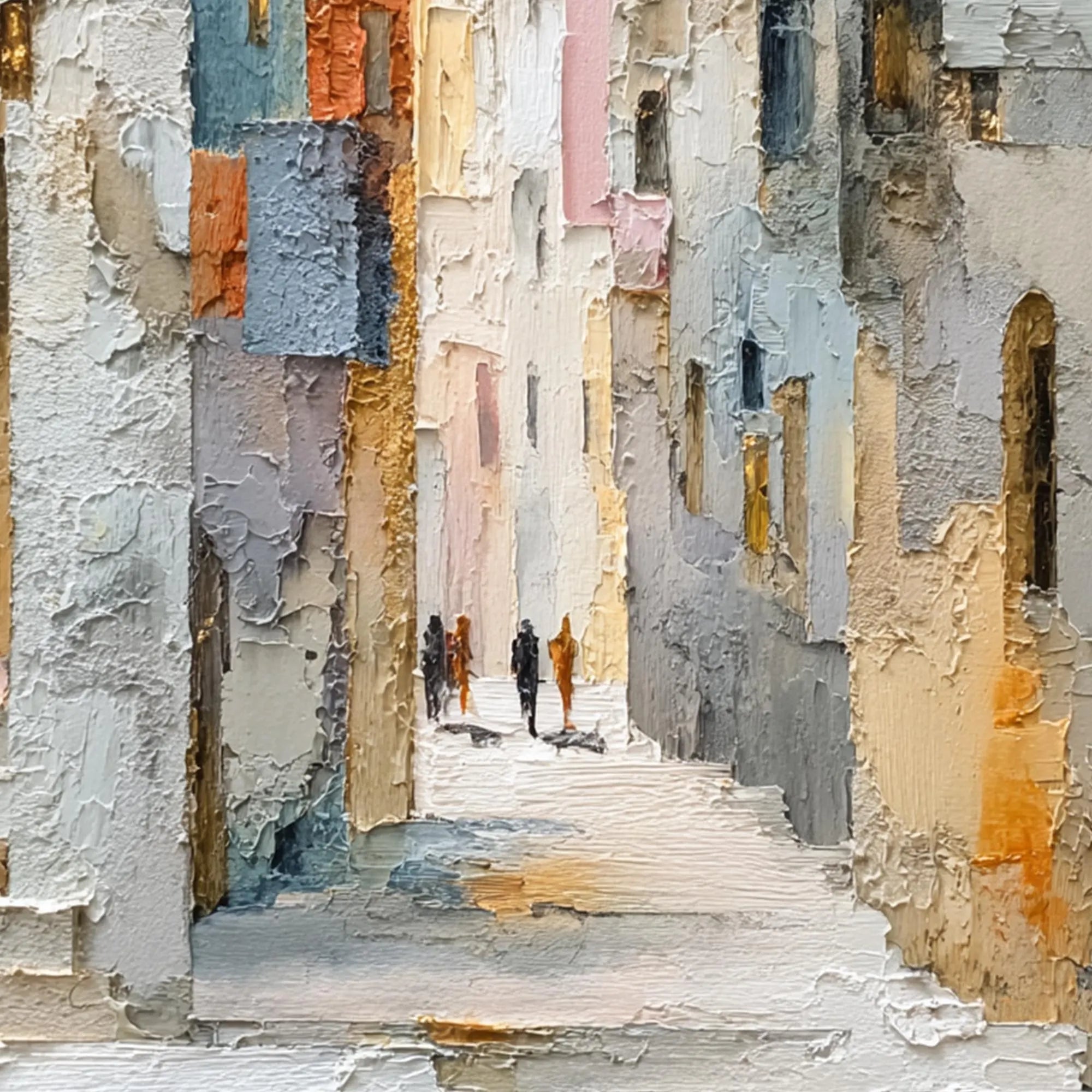 COBBLESTONE PATH: Cityscape Wall Art, Hand-Painted European Village Street Plaster Effect Palette Knife Textured Canvas Painting
