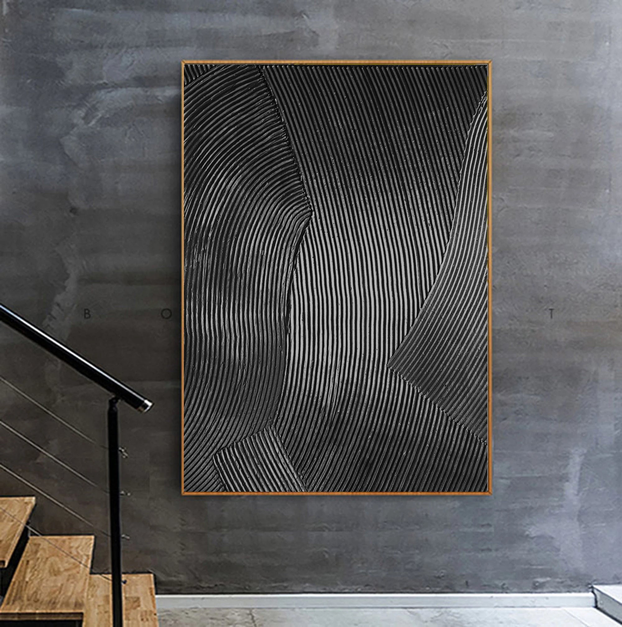 GRAVITY LINE: Texture Wall Art, Hand-Painted Black Linear Plaster Relief 3D Heavy Texture Canvas Art