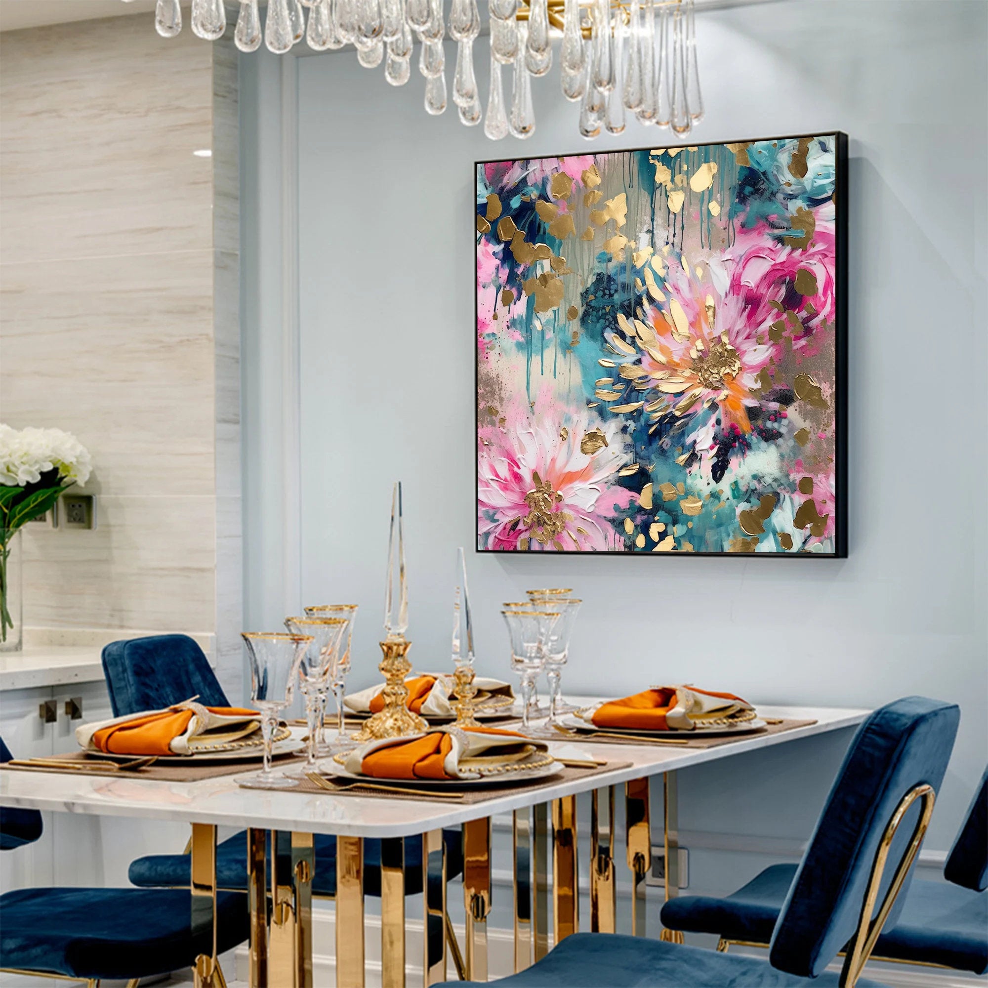 Aurora Bloom – Hand-Painted Multicolored Pink and Teal Gold Foil Abstract Floral Painting | Modern Luxury Botanical Bedroom & Living Room Art