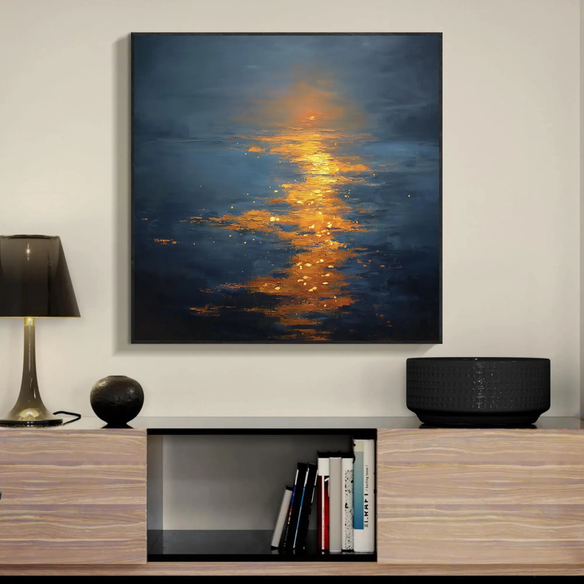 Golden Path – Deep Blue & Gold Sunset Impasto Texture Painting | Coastal Modern Living Room & Bedroom Art