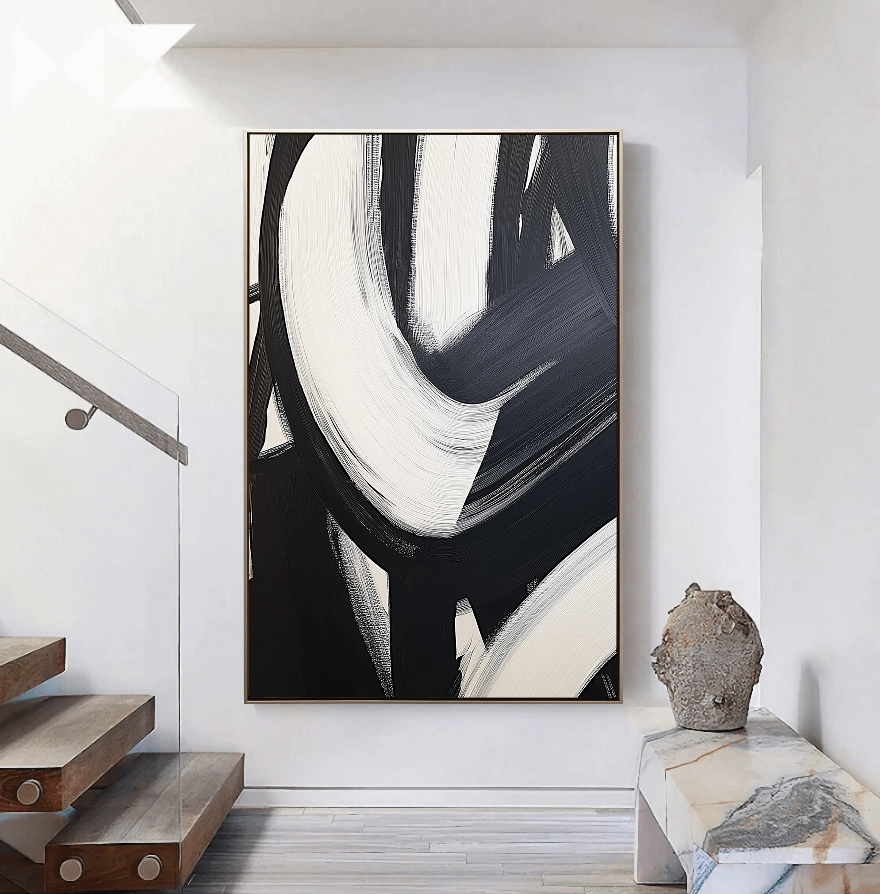 Zen Spiral – 3D Sculptural Black & White Abstract Minimalist Painting | Bold Minimalist Bedroom & Home Office Art