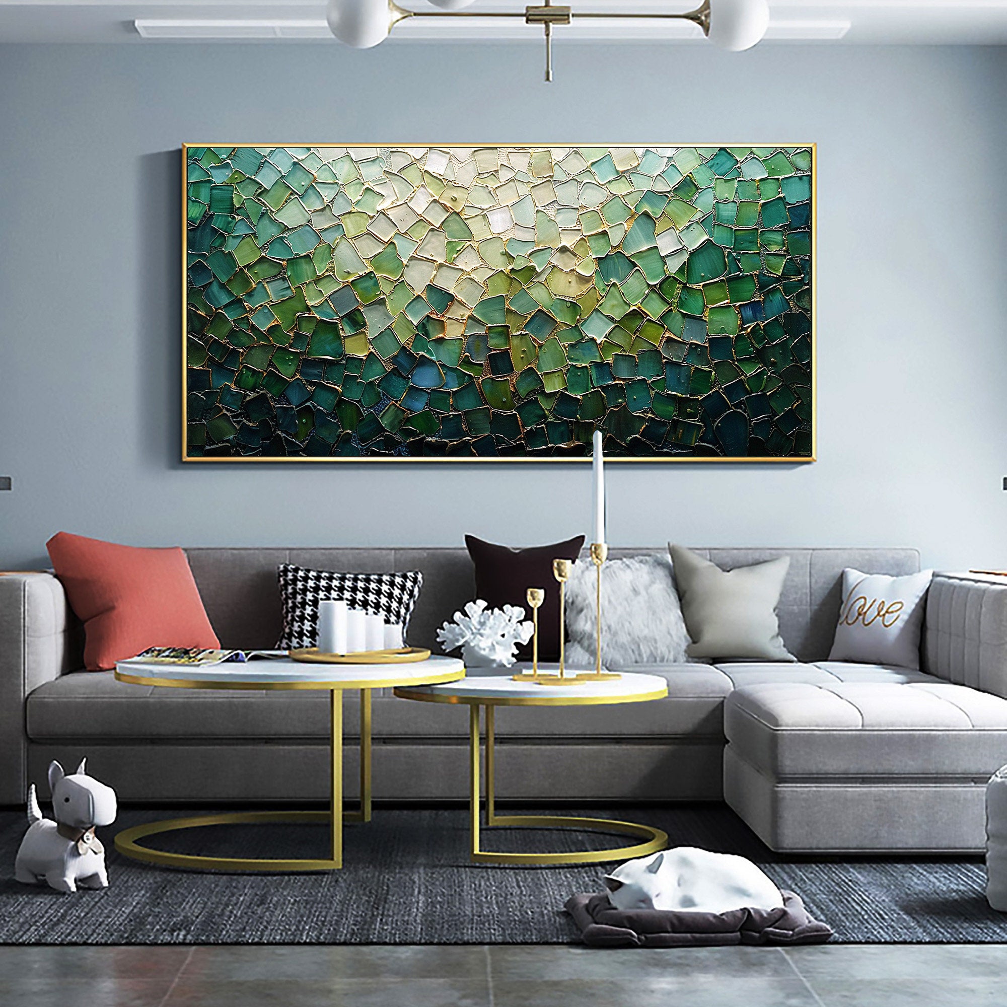 Emerald Mosaic – Hand-Painted Emerald Green and Mint 3D Plaster Relief Texture Painting | Modern Abstract Living Room & Office Art