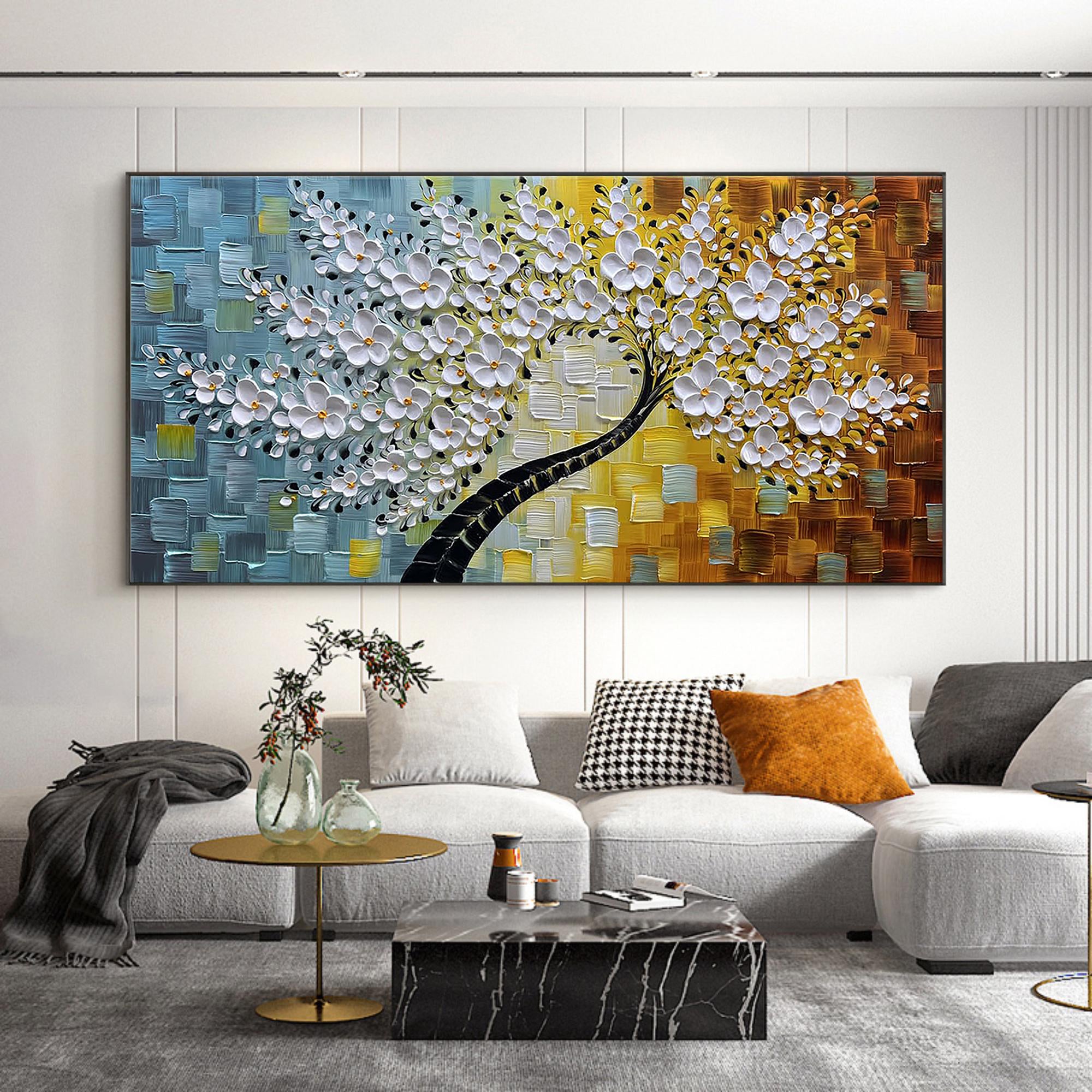 Golden Bloom – White and Amber Relief Tree Floral Painting | Modern Luxury Botanical Bedroom & Living Room Art