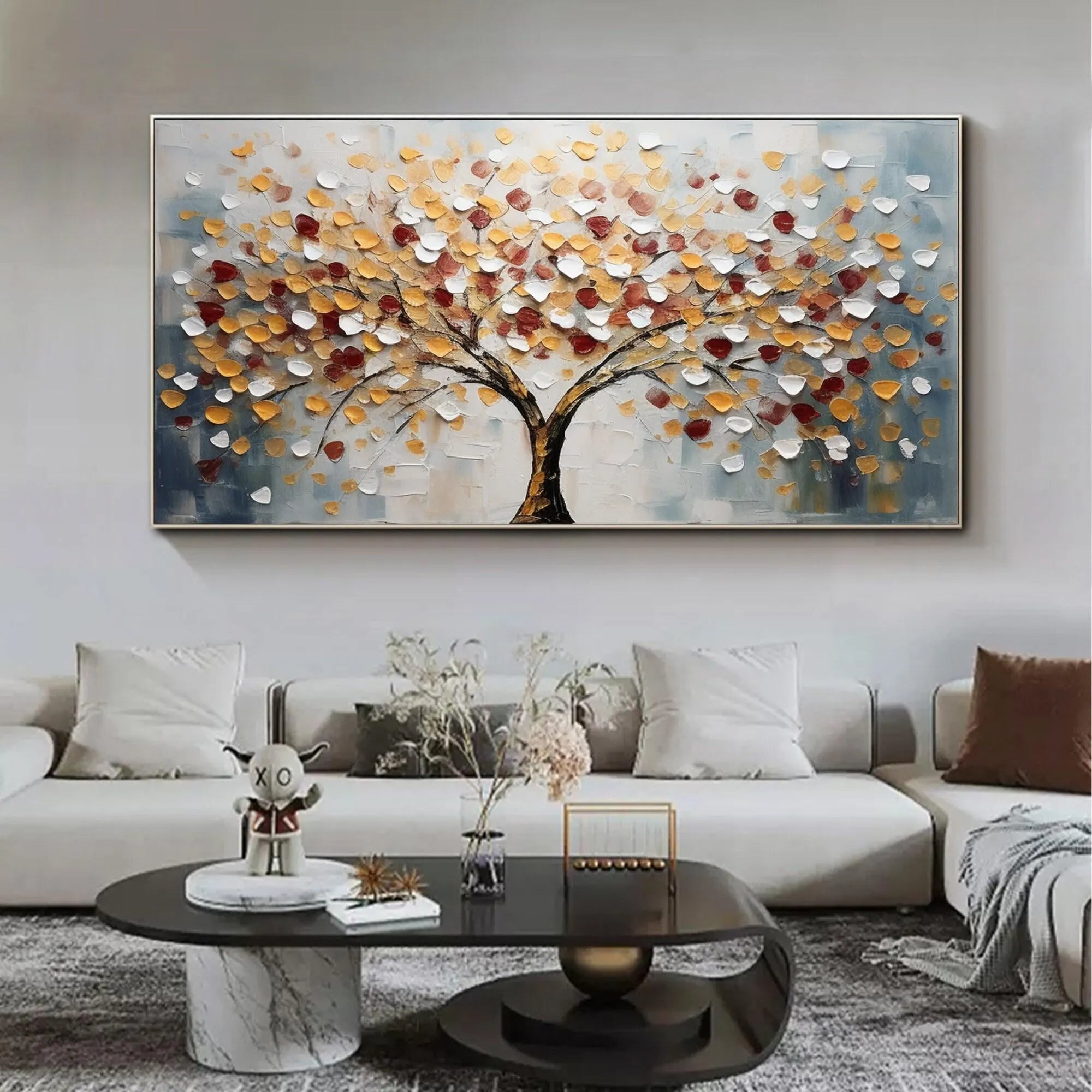 Amber Canopy – Hand-Painted Red and Gold Leaf Money Tree Tree Painting | Modern Luxury Metallic Living Room & Hotel Art