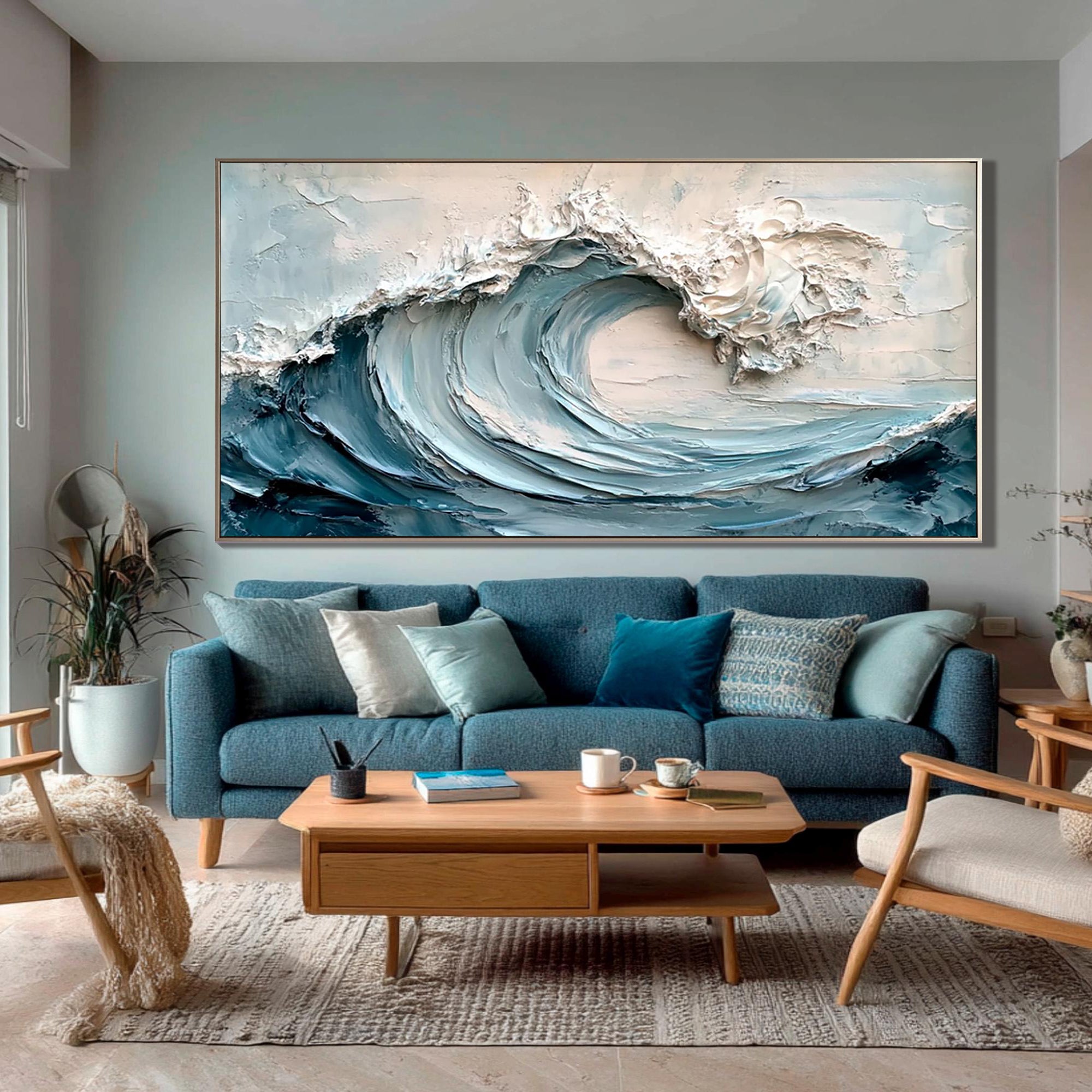 Pacific Surge – Modern Blue Ocean Relief Texture Painting | Coastal Modern Living Room & Bedroom Art