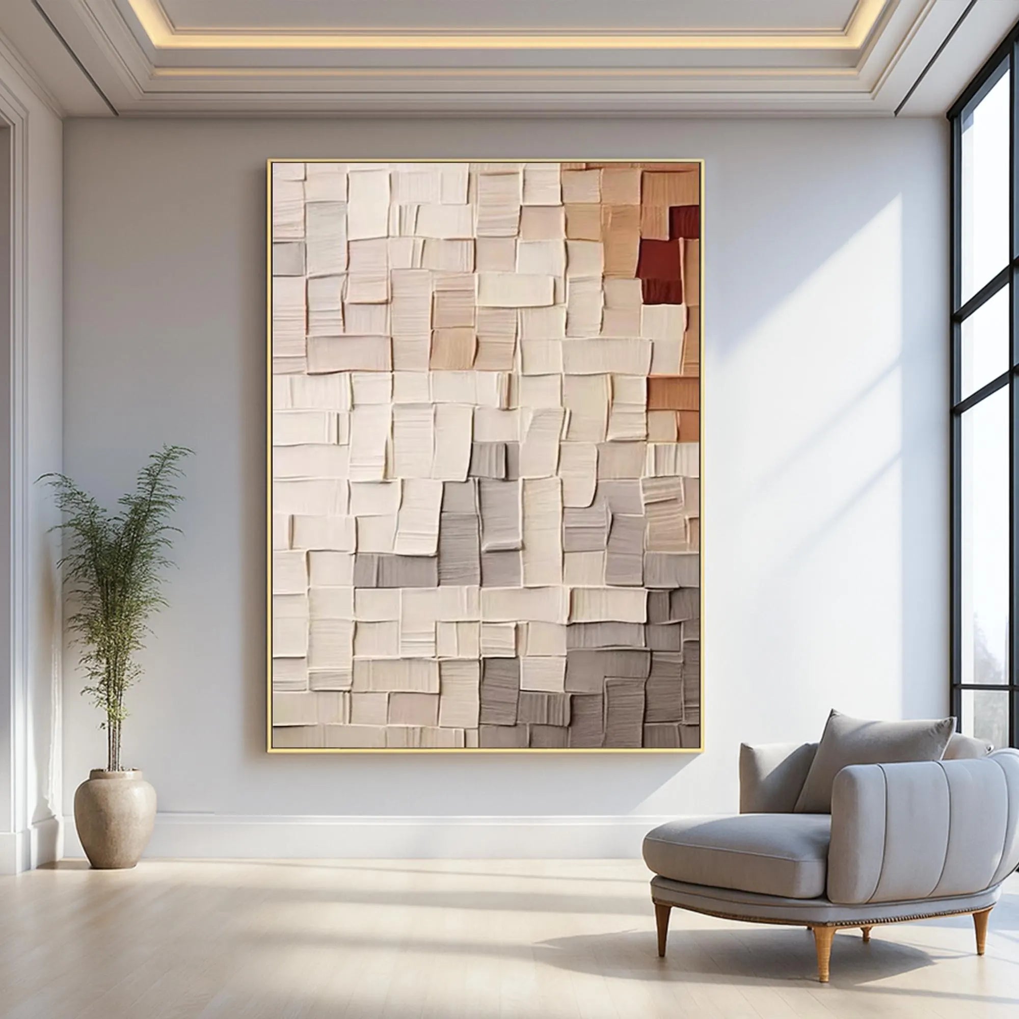 GEOMETRIC MOSAIC: Minimalist Texture Wall Art, Neutral 3D Block Palette Knife Abstract Canvas Art