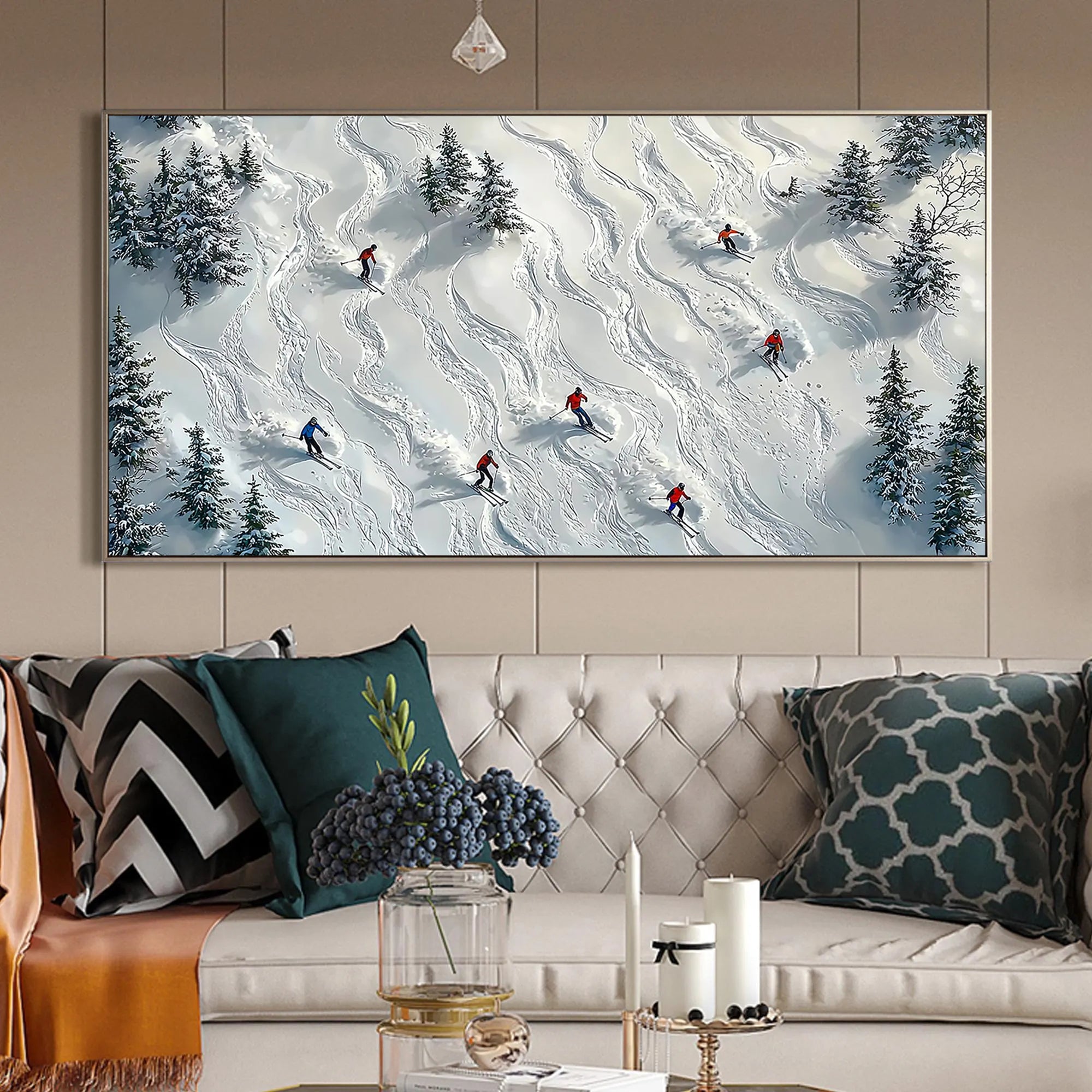 Alpine Trails – Hand-Painted Aerial View Skiers 3D Textured Snow Mountain Sport Painting | Contemporary Mountain Living Room & Home Office Art