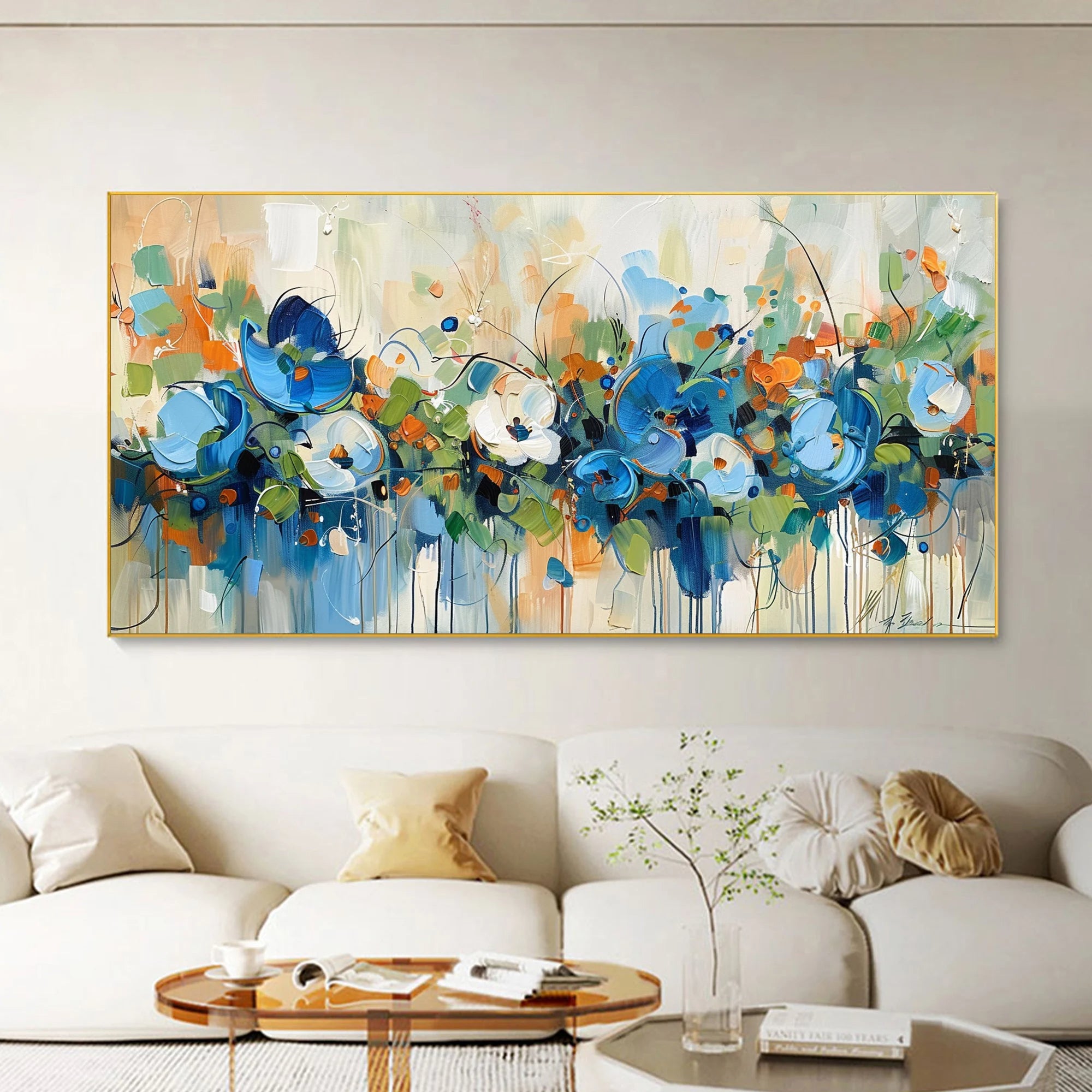 Azure Whisper – Hand-Painted Blue Wildflower Palette Knife Thick Textured Impressionist Oil Floral Painting | Contemporary Botanical Bedroom & Living Room Art