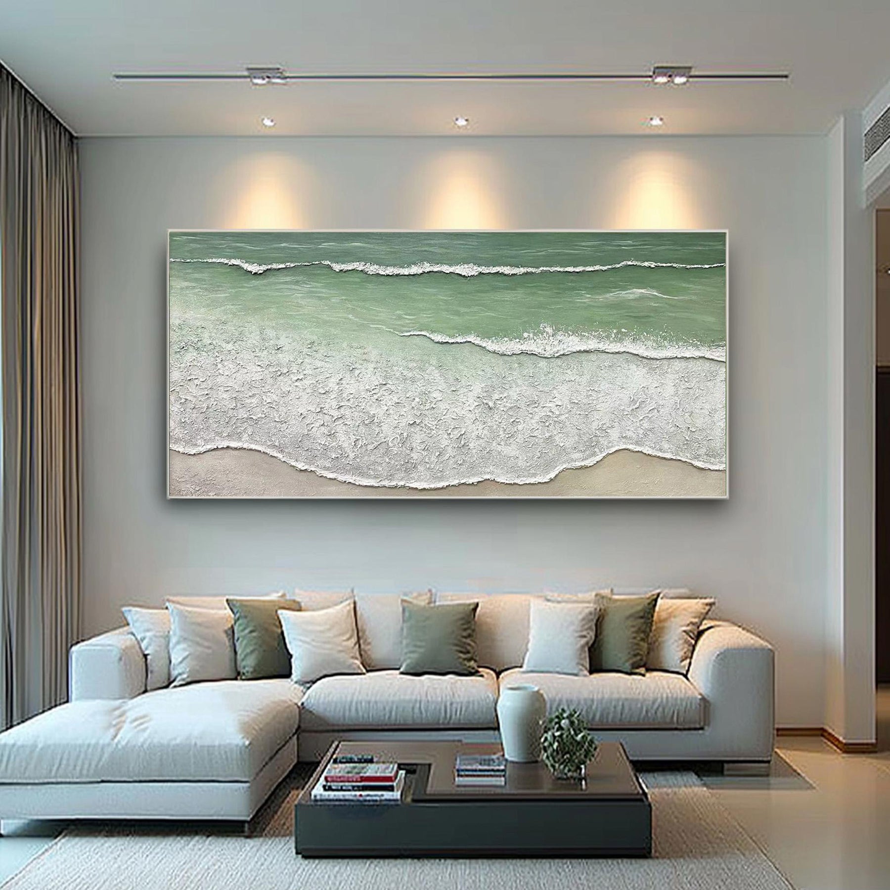 Rhythm of Tides – Modern Minimalist Ocean Wave Textured Art | Panoramic Coastal Living Room Art