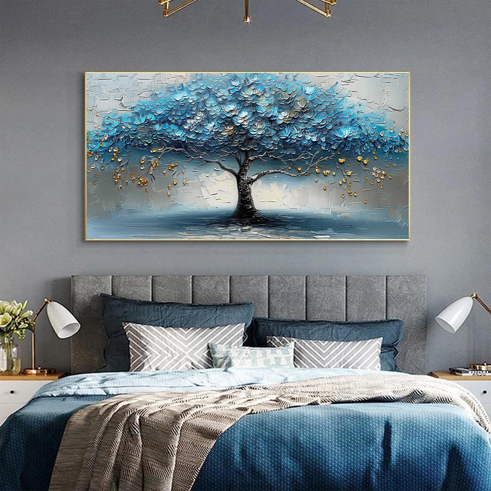 AZURE CANOPY: Tree Wall Art, Hand-Painted Blue and Grey Palette Knife Heavy Texture Canvas Oil Painting